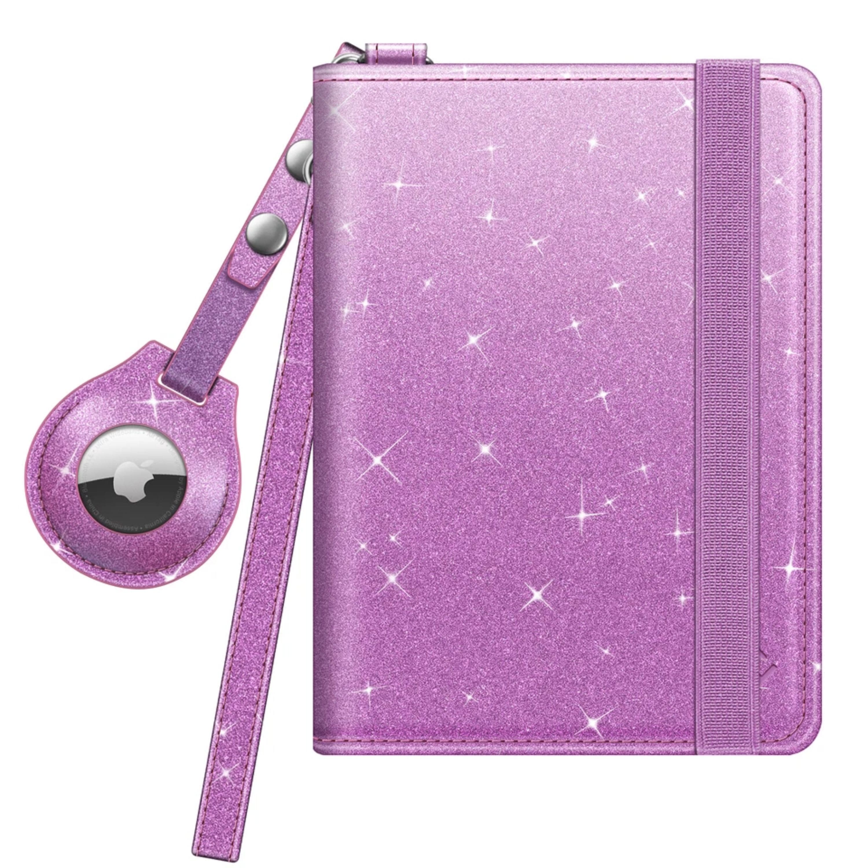 Kitcheniva - Travel Passport Holder With RFID Protection Slim Card Wallet & AirTag Slot Glittering Purple - Glitter Purple
