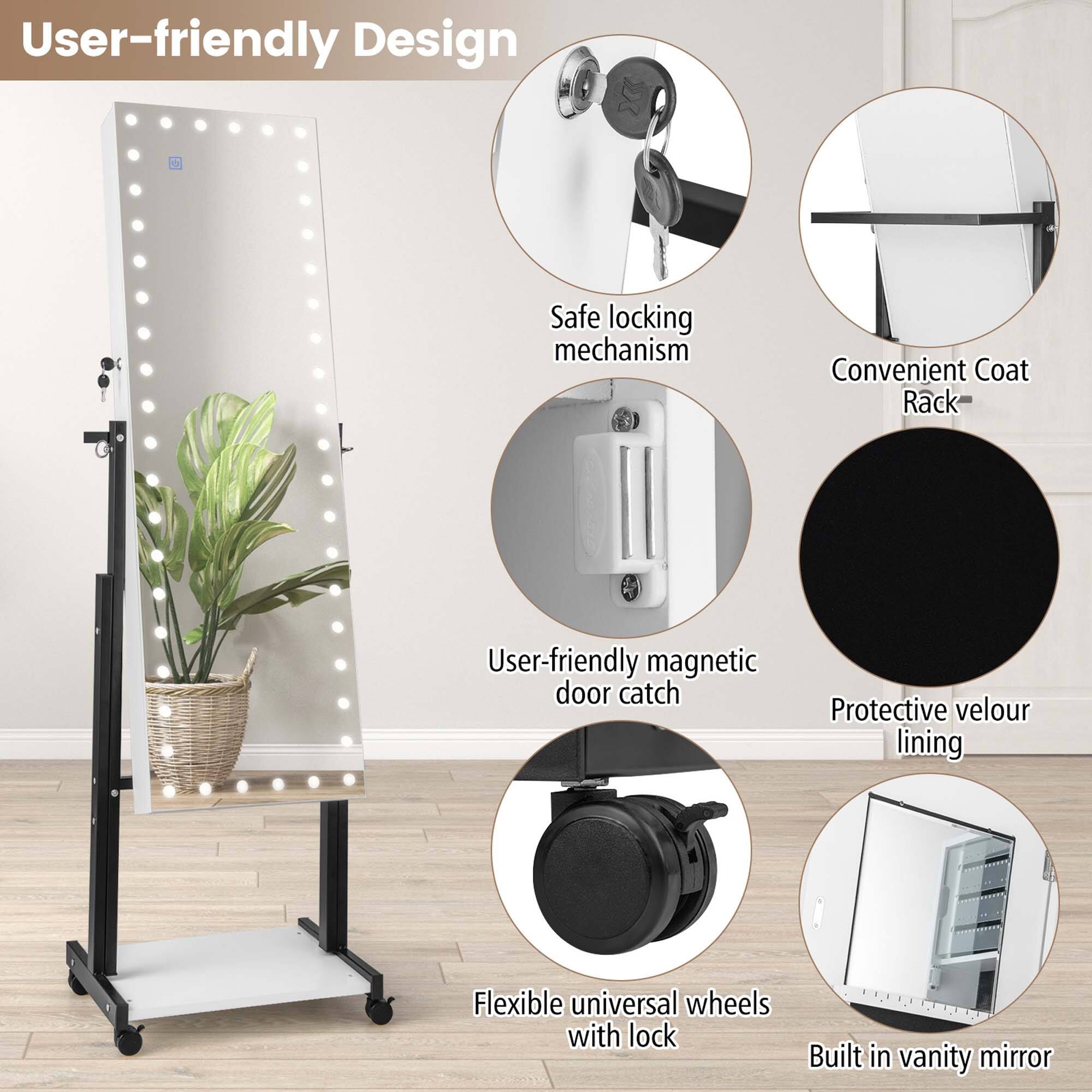 User-friendly Design

- Safe locking mechanism
- Convenient Coat Rack
- User-friendly magnetic door catch
- Protective velour lining
- Flexible universal wheels with lock
- Built in vanity mirror