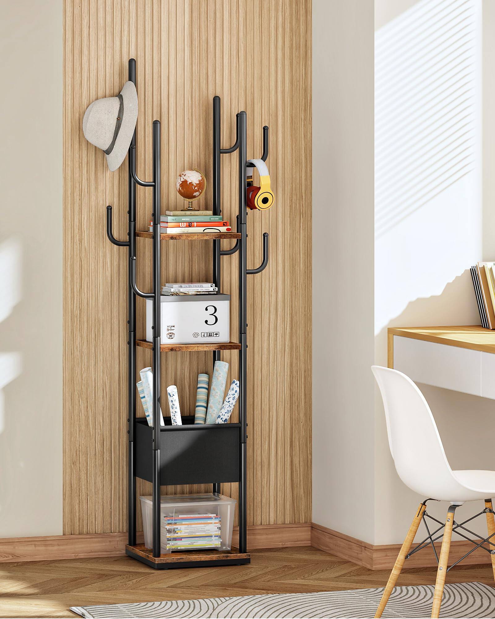 Alt View 3. Hirose Alice - Coat Rack Freestanding Coat Rack with Shelves and Fabric Pouch Square Coat Hanger Stand Metal Clothes Tree ... - Default.