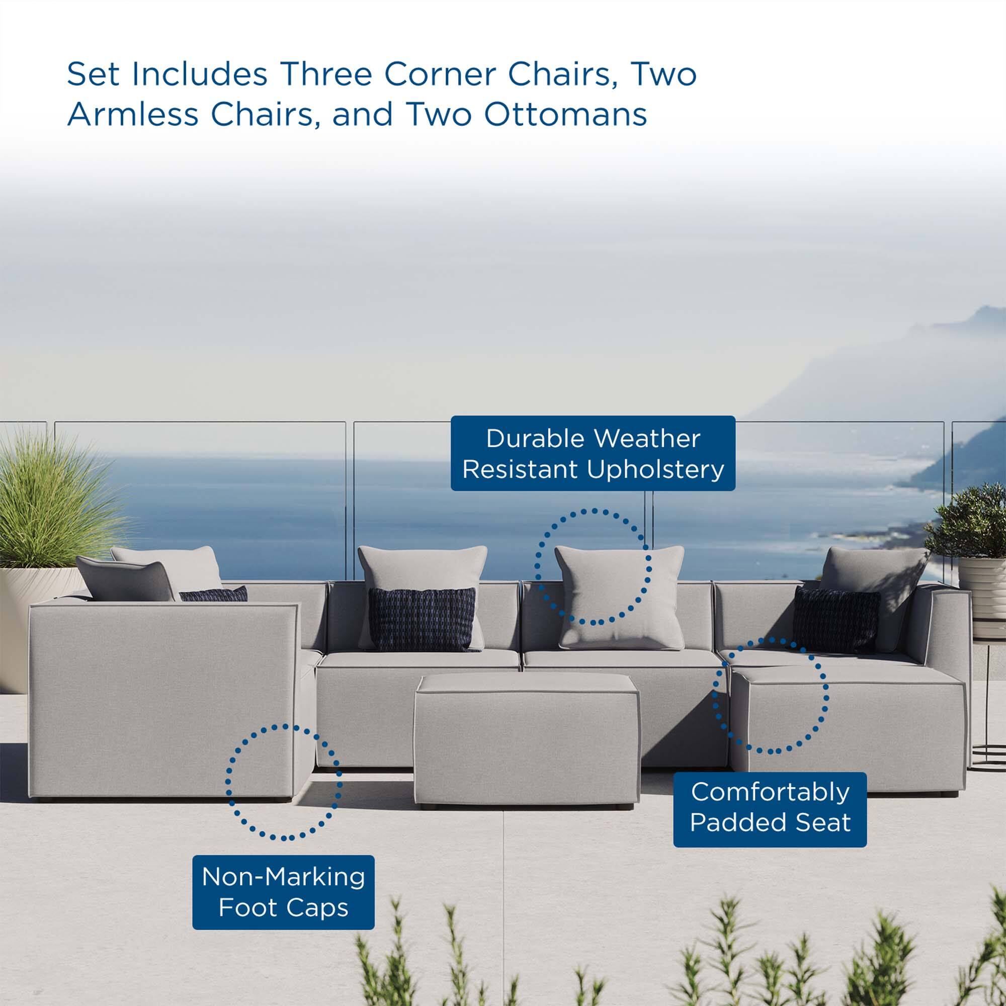 Set Includes Three Corner Chairs, Two Armless Chairs, and Two Ottomans

- Durable Weather Resistant Upholstery
- Comfortably Padded Seat
- Non-Marking Foot Caps