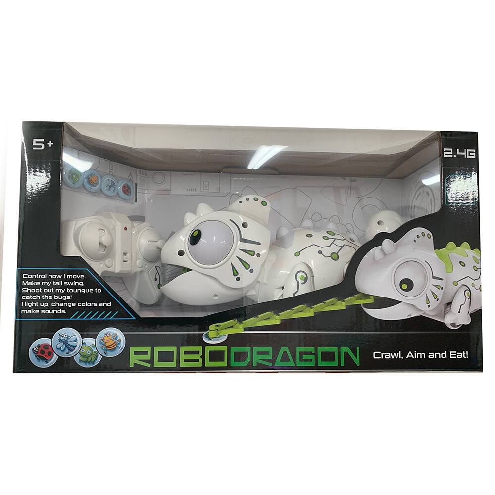 5+ 2.4G Control how I move. Make my tail swing. Shoot out my tounque to catch the bugs! I light up. change colors and make sounds. ROBODRAGON Crawl, Aim and Eat!