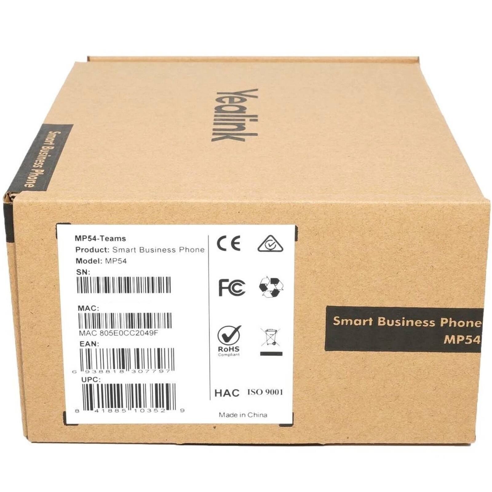 Smart Business Phone Yealink MP54-Teams  
Product: Smart Business Phone  
Model: MP54  
SN: FC  
MAC: 805E0CC2049F  
EAN: 69388181307797  
UPC: 41885103529  
ISO 9001  
Made in China