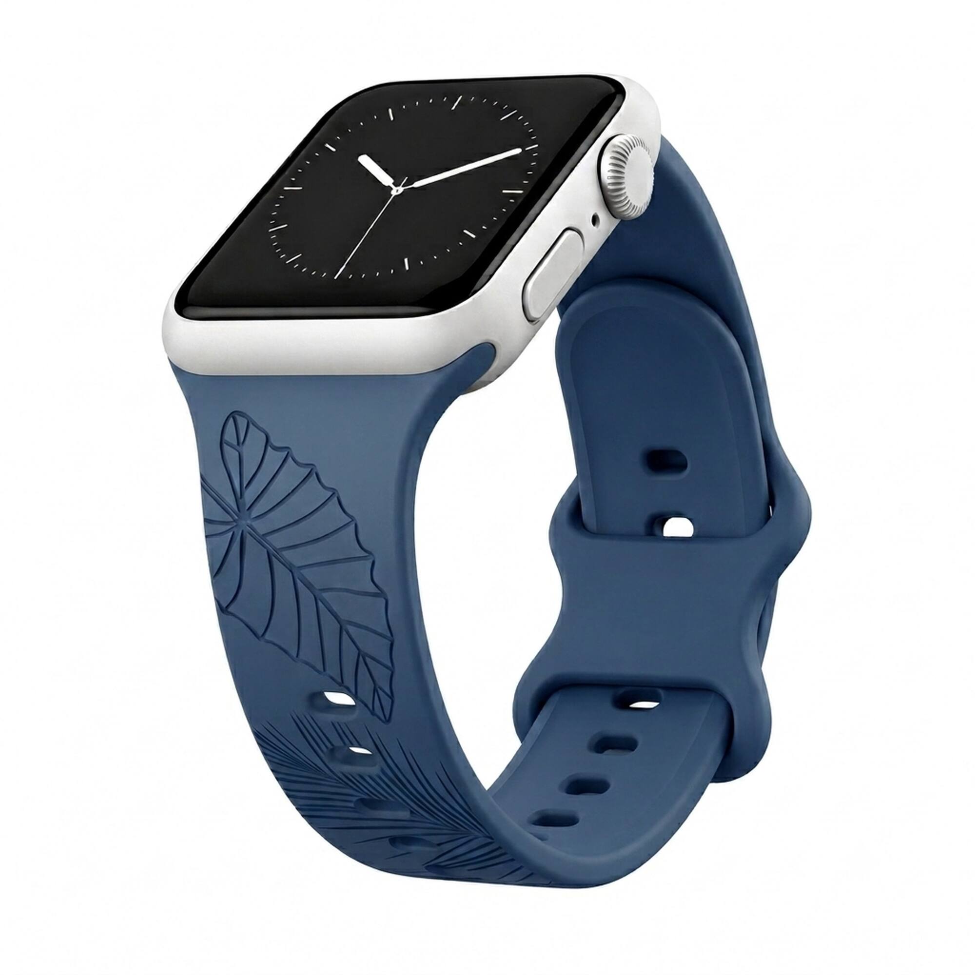 Front. ROXTRO - Dusty Denim Tropical Engraved Silicone Watch Band Apple Watch Compatible LARGE WATCH 49/46/45/44mm (42mm Series 1-3) - Dusty Denim Blue.