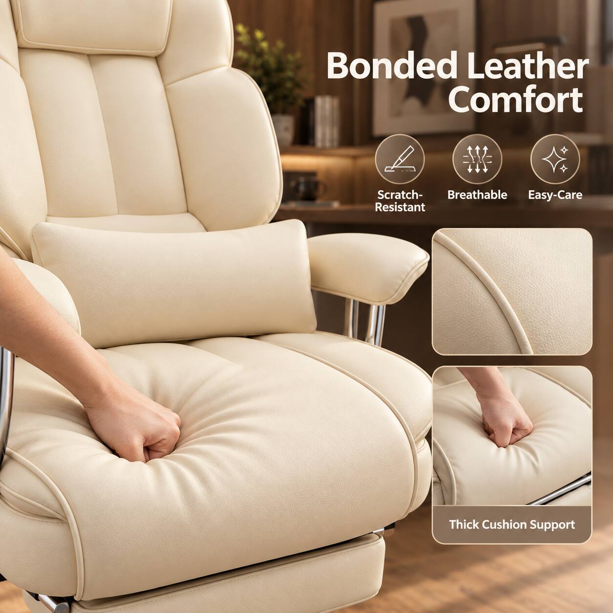 Bonded Leather Comfort

- Scratch-Resistant
- Breathable
- Easy-Care

Thick Cushion Support