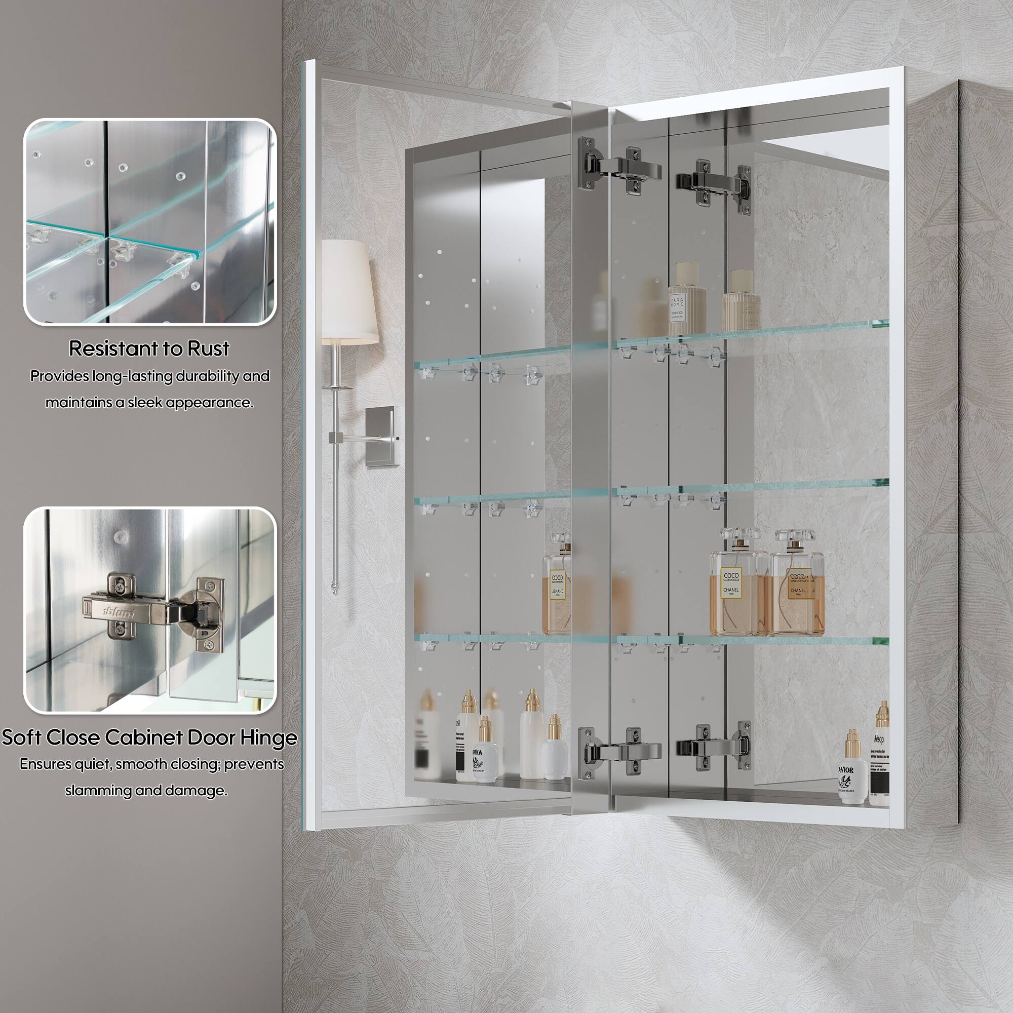 Resistant to Rust  
Provides long-lasting durability and maintains a sleek appearance.  

Soft Close Cabinet Door Hinge  
Ensures quiet, smooth closing; prevents slamming and damage.