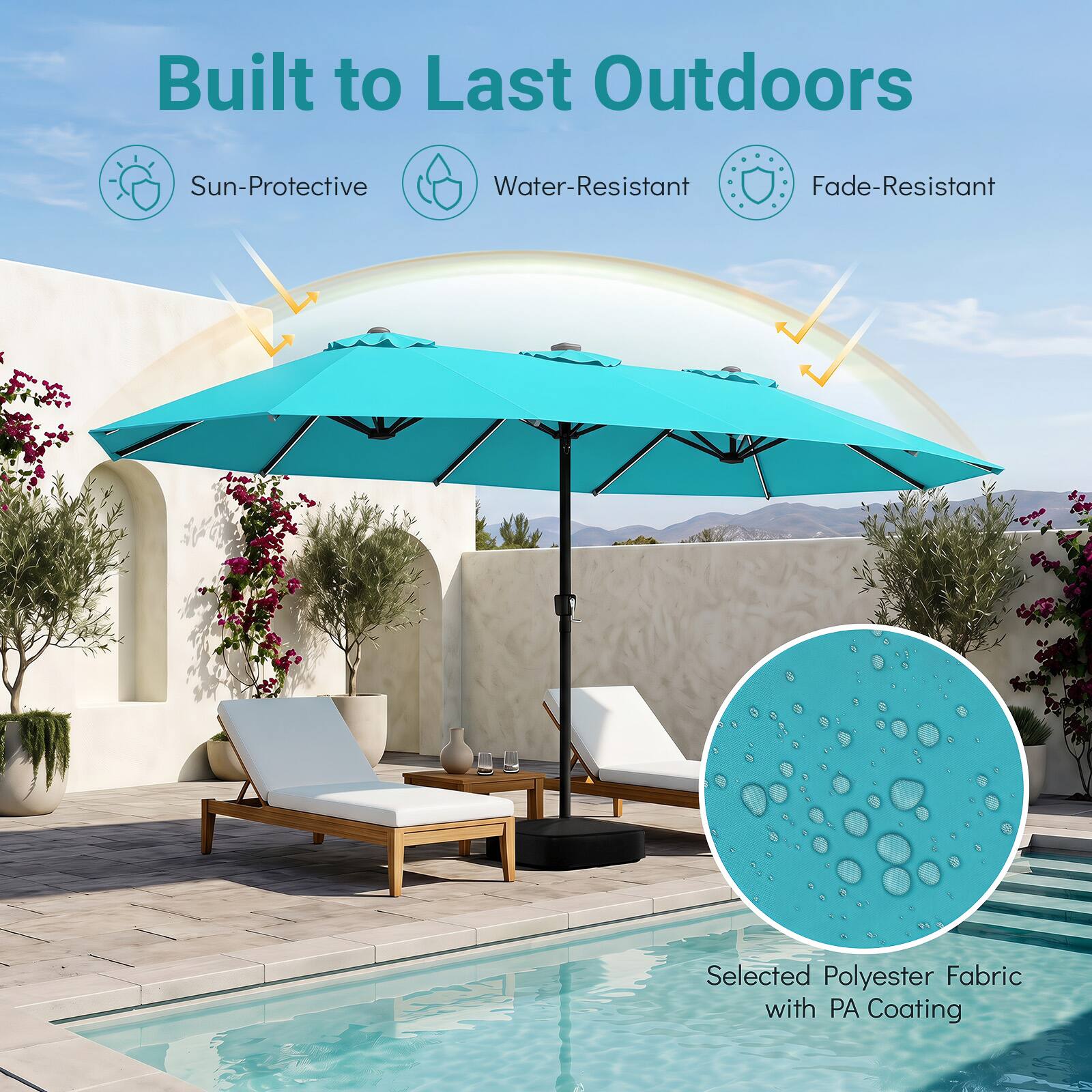 Built to Last Outdoors

- Sun-Protective
- Water-Resistant
- Fade-Resistant

Selected Polyester Fabric with PA Coating