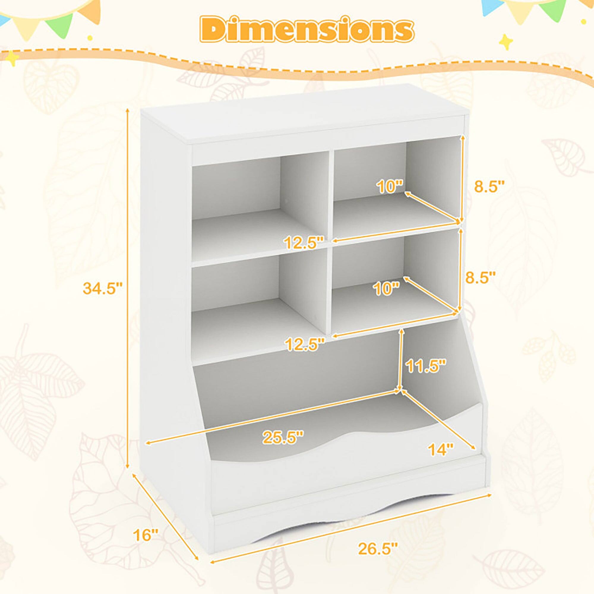 Dimensions:  
- Width: 16"  
- Depth: 26.5"  
- Height: 34.5"  
- Shelf 1: 10" x 8.5"  
- Shelf 2: 10" x 8.5"  
- Shelf 3: 12.5" x 11.5"  
- Shelf 4: 12.5" x 14"  
- Bottom Shelf: 25.5" x 14"