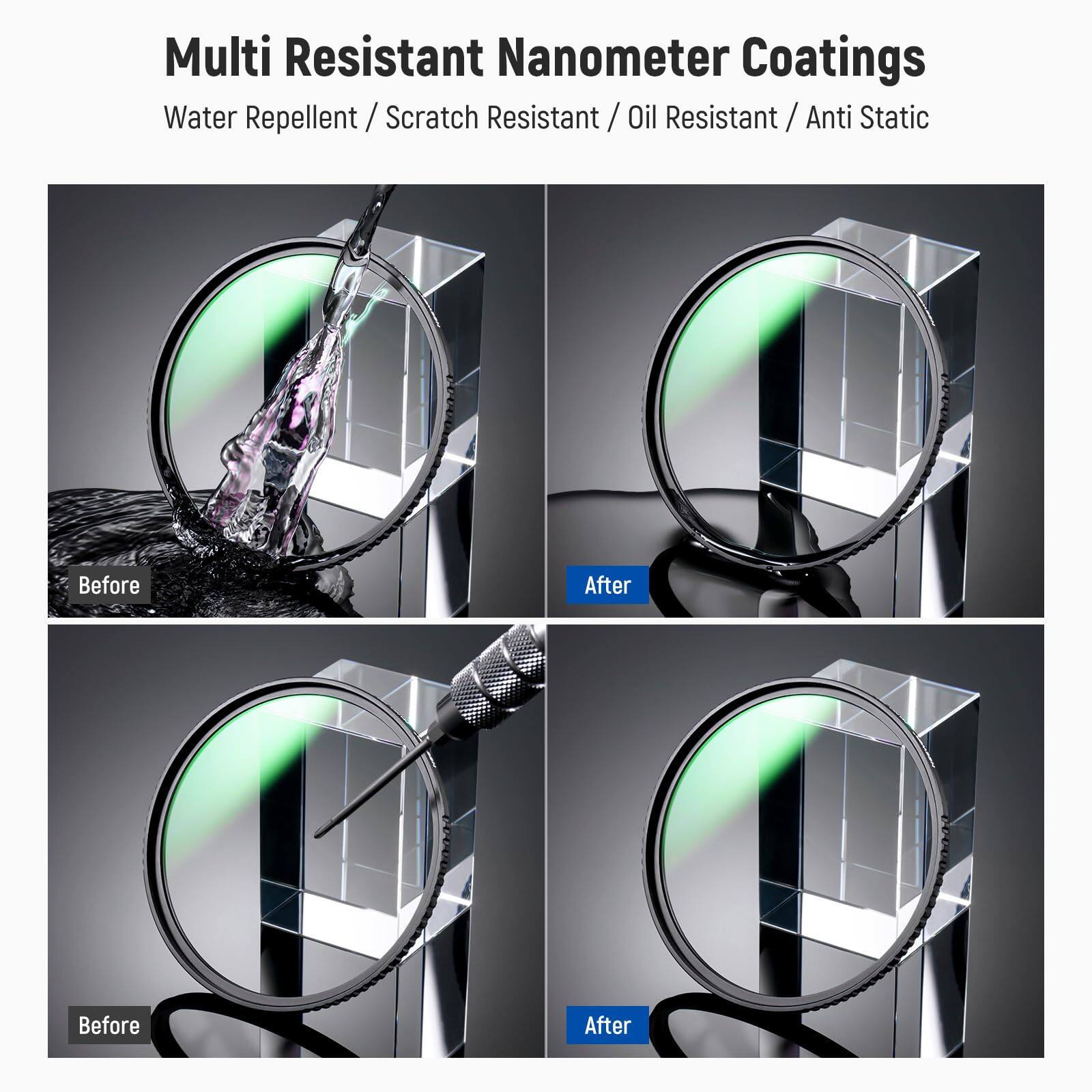 Multi Resistant Nanometer Coatings  
Water Repellent / Scratch Resistant / Oil Resistant / Anti Static  

Before After  
Before After