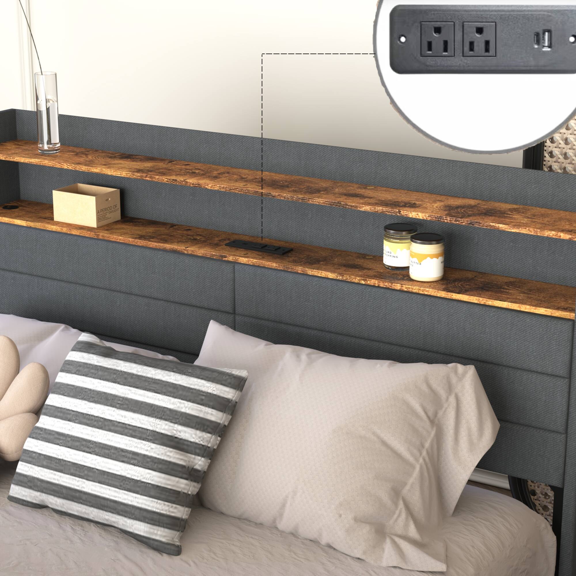 Alt View 2. GOODSILO - Upholstered Full Size Bed Frame with Storage Drawers, LED Lighting, and Built-in Charging Station - Black+Gray.