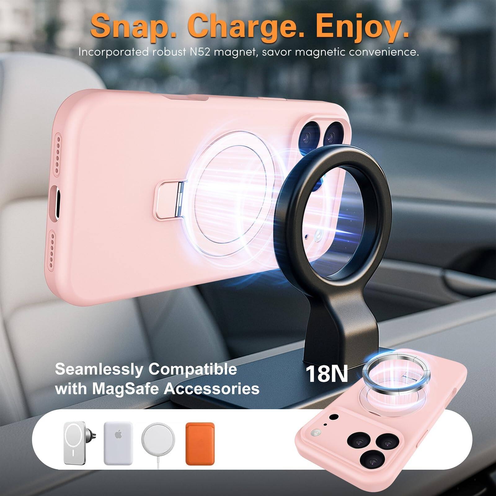 Snap. Charge. Enjoy.  
Incorporated robust N52 magnet, savor magnetic convenience.  

Seamlessly Compatible with MagSafe Accessories  
18N