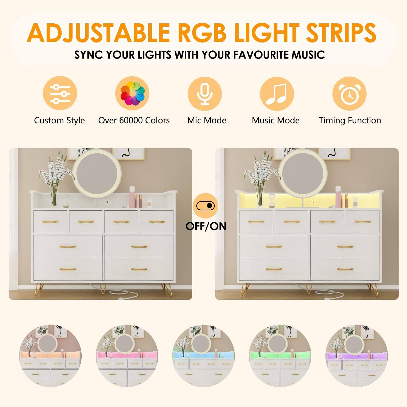 ADJUSTABLE RGB LIGHT STRIPS  
SYNC YOUR LIGHTS WITH YOUR FAVOURITE MUSIC  

- Custom Style  
- Over 60000 Colors  
- Mic Mode  
- Music Mode  
- Timing Function  
- OFF/ON