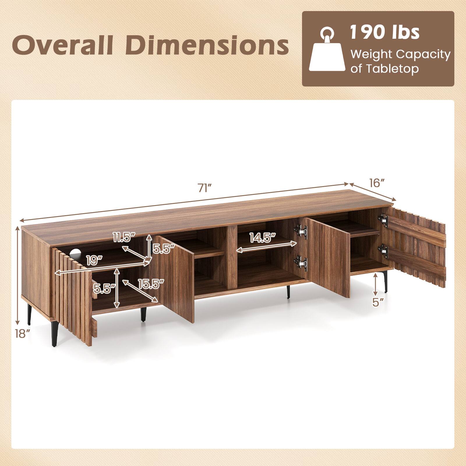 190 lbs  
Overall Dimensions  
Weight Capacity of Tabletop  
71"  
16"  
11.5"  
19"  
5.5"  
14.5"  
5.5"  
15.5"  
5"  
18"