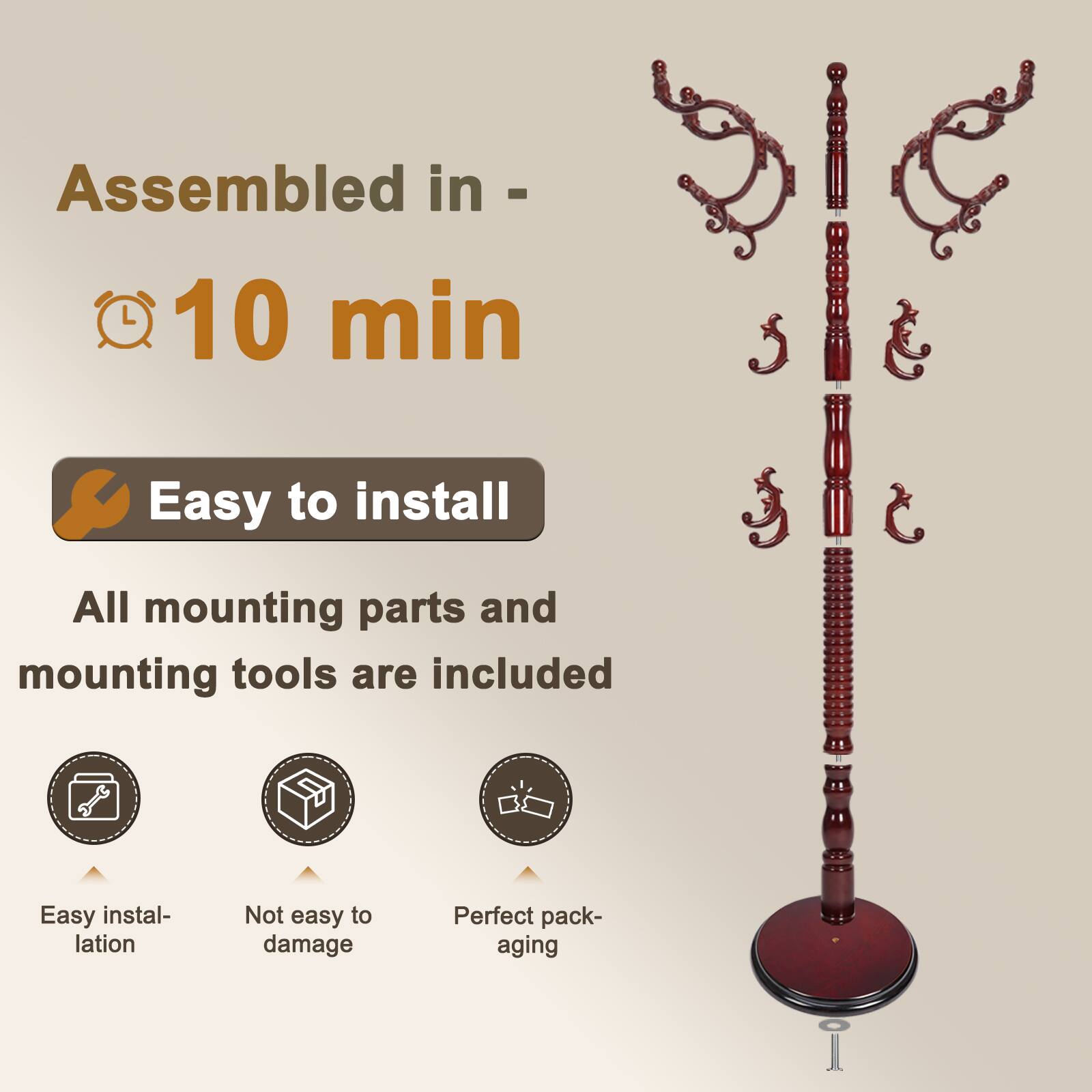 Alt View 2. Chateau Abodes - Solid Wood Coat Rack, Free Standing Hall Coat Tree with 14Hooks, 3 Height Options, 300lbs Load, Stury Base - Begonia.