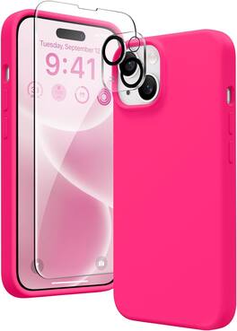 Bundle - Entronix - iPhone 15 Plus - Liquid Silicone Case with Screen & Camera Lens Protectors - Hot Pink
