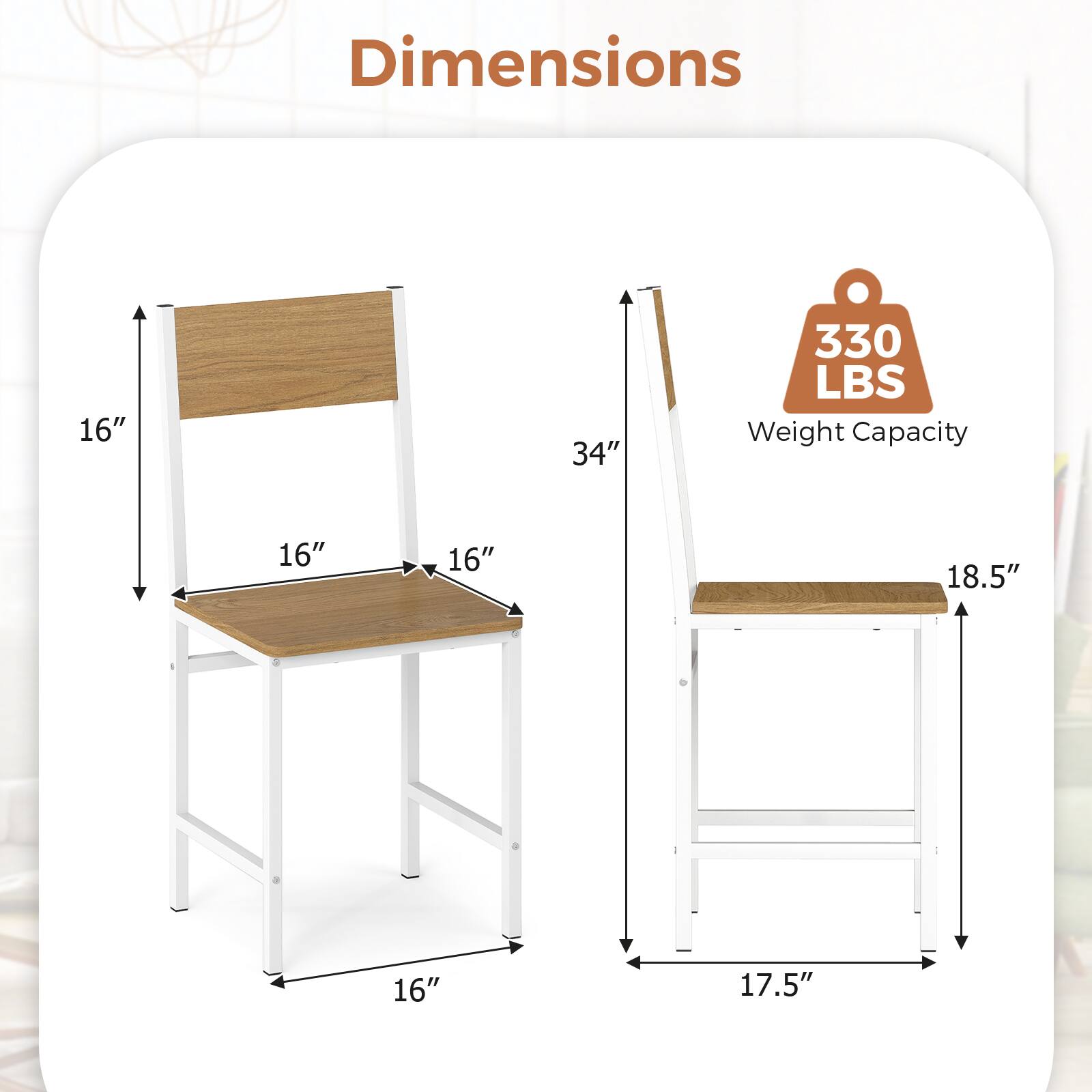 Dimensions: 16" x 16" x 16" x 18.5" x 17.5"  
Weight Capacity: 330 LBS