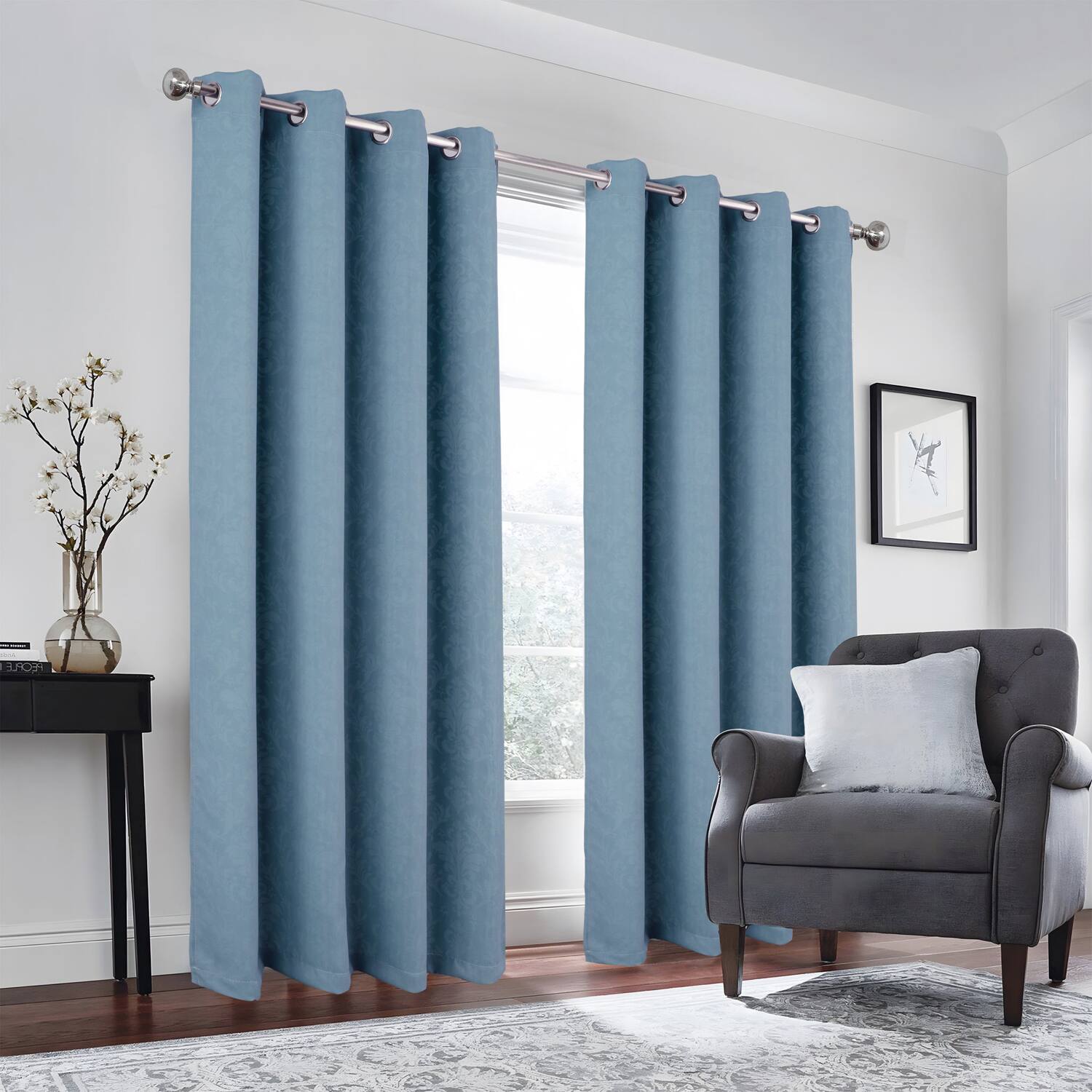 Left. Olivia Gray - Olivia Gray 100% Polyester 190 GSM Cressida Reversible Blackout Grommet Curtain Panel 54" x 90" Blue - Blue.