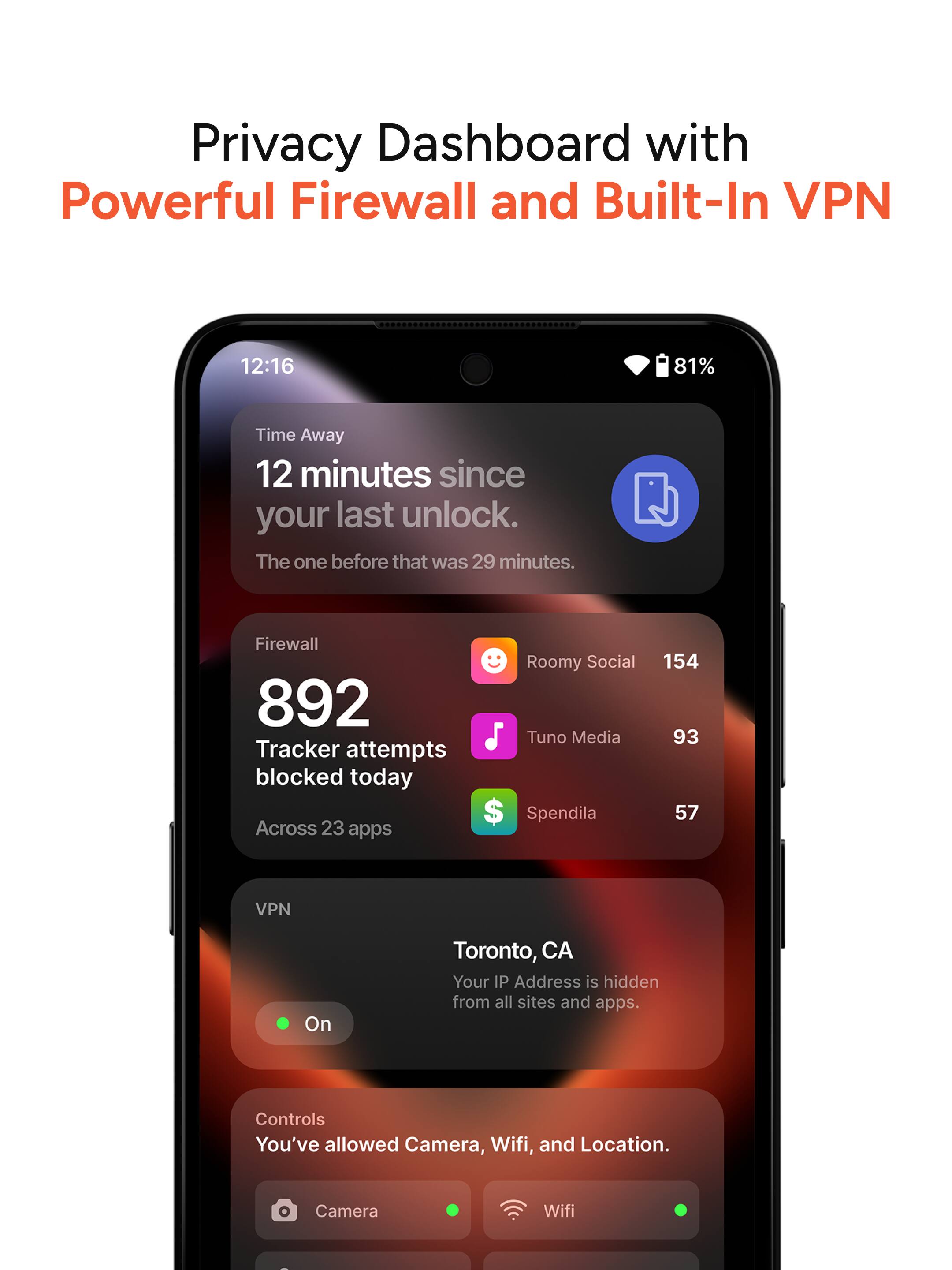 Privacy Dashboard with Powerful Firewall and Built-In VPN

12:16 81% Time Away
12 minutes since your last unlock. The one before that was 29 minutes.

Firewall
892 Tracker attempts blocked today Across 23 apps
Roomy Social 154
Tuno Media 93
Spendila 57

VPN
Toronto, CA
Your IP Address is hidden from all sites and apps.

Controls
You've allowed Camera, Wifi, and Location.
Camera Wifi