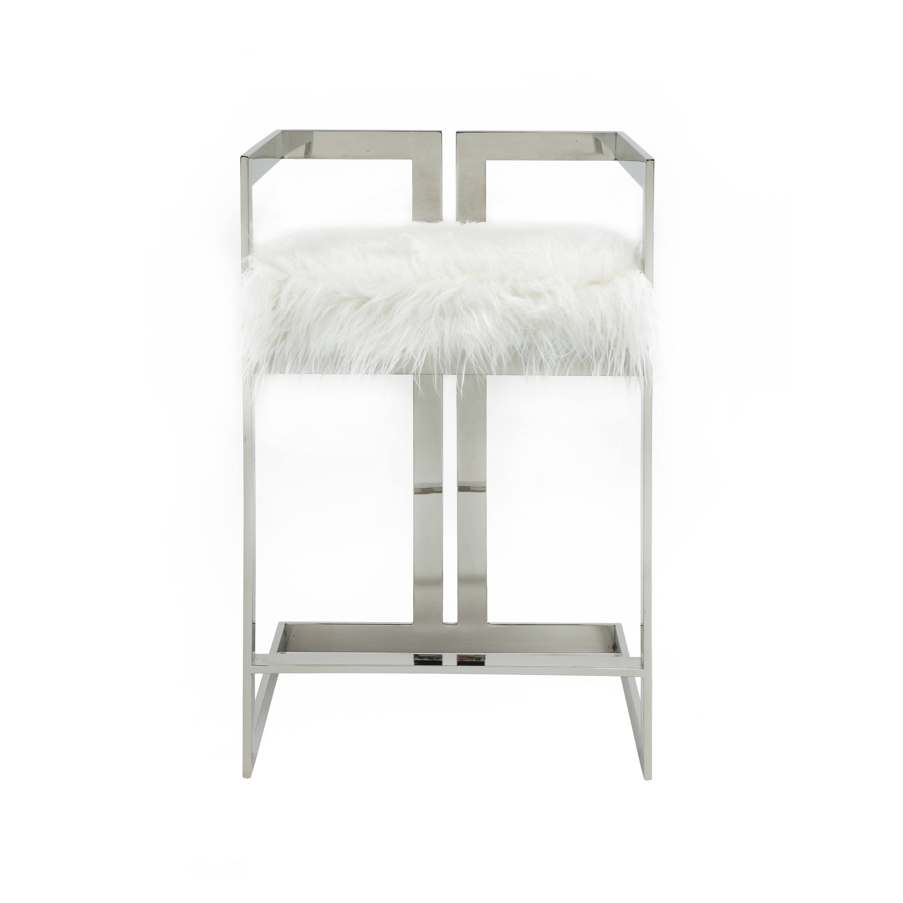 Angle. Manhattan Lane - Suki 26 Inch Counter Stool Chair,  Faux Fur, Stainless Steel - White, Silver.
