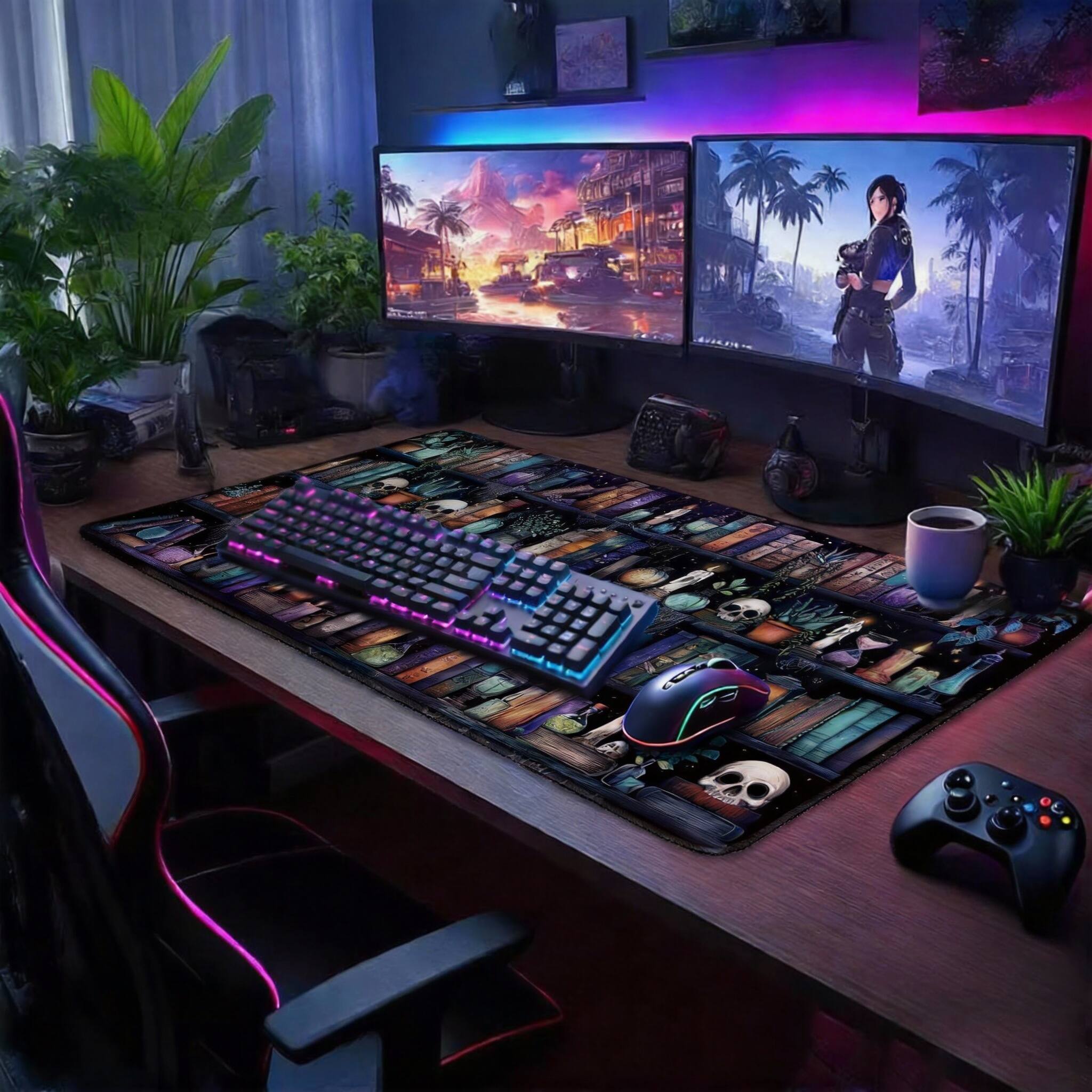 Alt View 1. Frangdom - Gothic Library Desk Mat Vintage Bookshelf Mouse Pad 31.5"x15.7" - Gothic Vintage Flower.