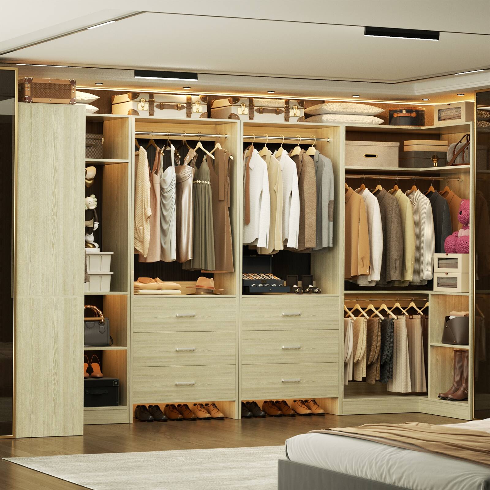 Back. Aheaplus - U-Shaped Closet Organizer System with 6 Drawers, 112.5" Walk-in Wardrobe System with Hanging Rods & Shelves, Set of 4 - Beige Oak.