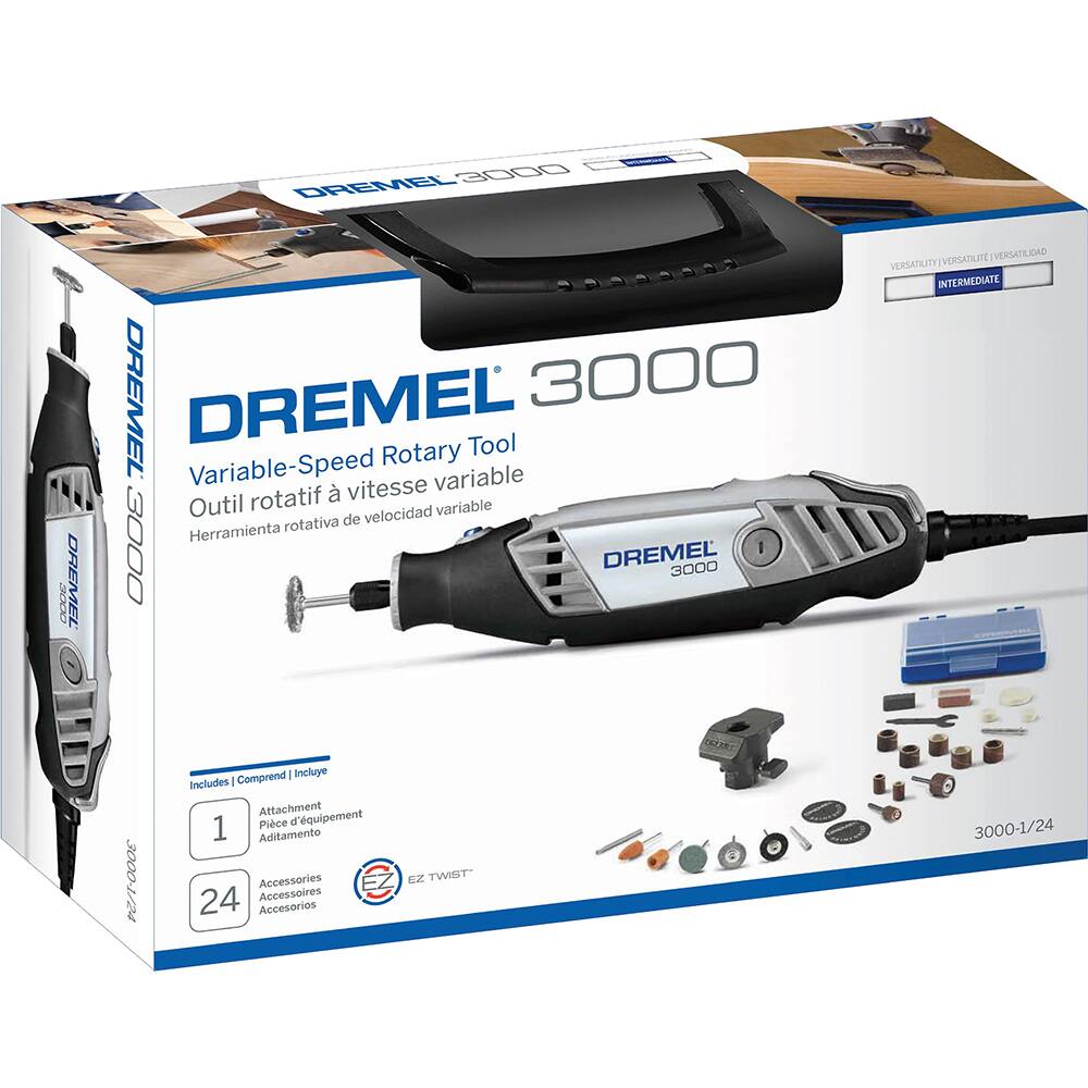 DREMEL 3000  
Variable-Speed Rotary Tool  
Outil rotatif à vitesse variable  
Herramienta rotativa de velocidad variable  

Includes | Comprend | Incluye  
1 Attachment Piece d'équipement Aditamento  
24 Accessories Accesorios  

EZ TWIST  
3000-1/24  

Versatility/ Versatilité / Versatilidad  
Intermediate
