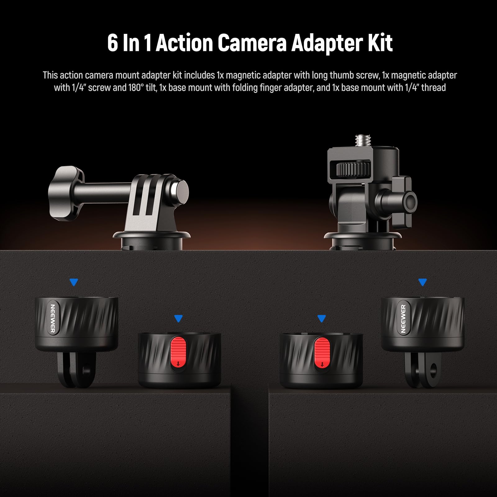 6 In 1 Action Camera Adapter Kit

This action camera mount adapter kit includes 1x magnetic adapter with long thumb screw, 1x magnetic adapter with 1/4" screw and 180° tilt, 1x base mount with folding finger adapter, and 1x base mount with 1/4" thread.