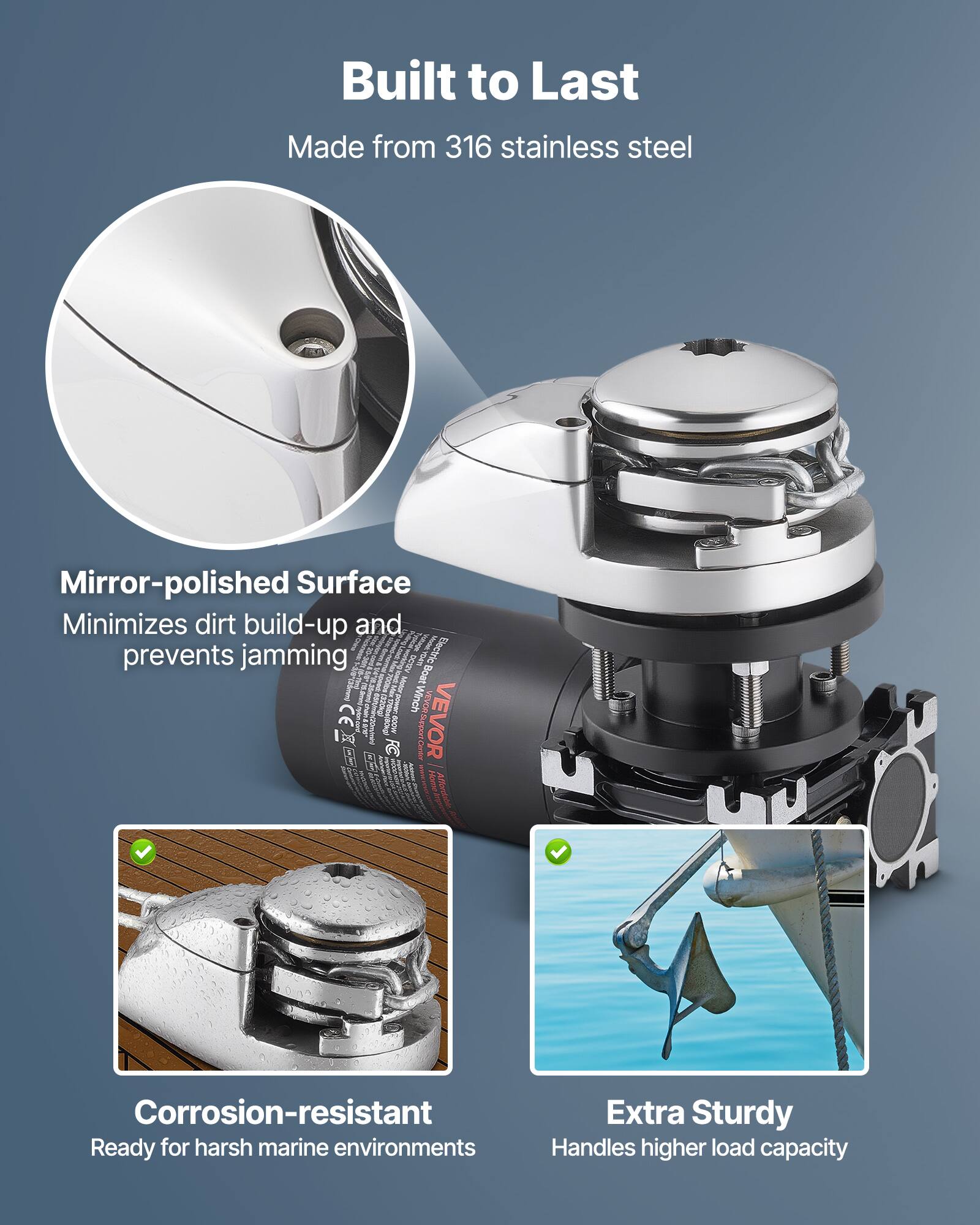 Built to Last  
Made from 316 stainless steel  

Mirror-polished Surface  
Minimizes dirt build-up and prevents jamming  

Corrosion-resistant  
Ready for harsh marine environments  

Extra Sturdy  
Handles higher load capacity