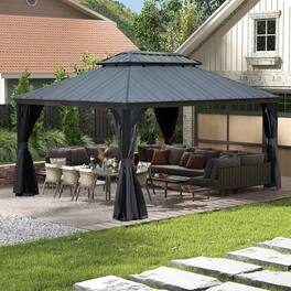 Mondawe - 12x14 Metal Gazebo With Resin Roof ,Curtains and Mosquito Netting Included - Dark Gray