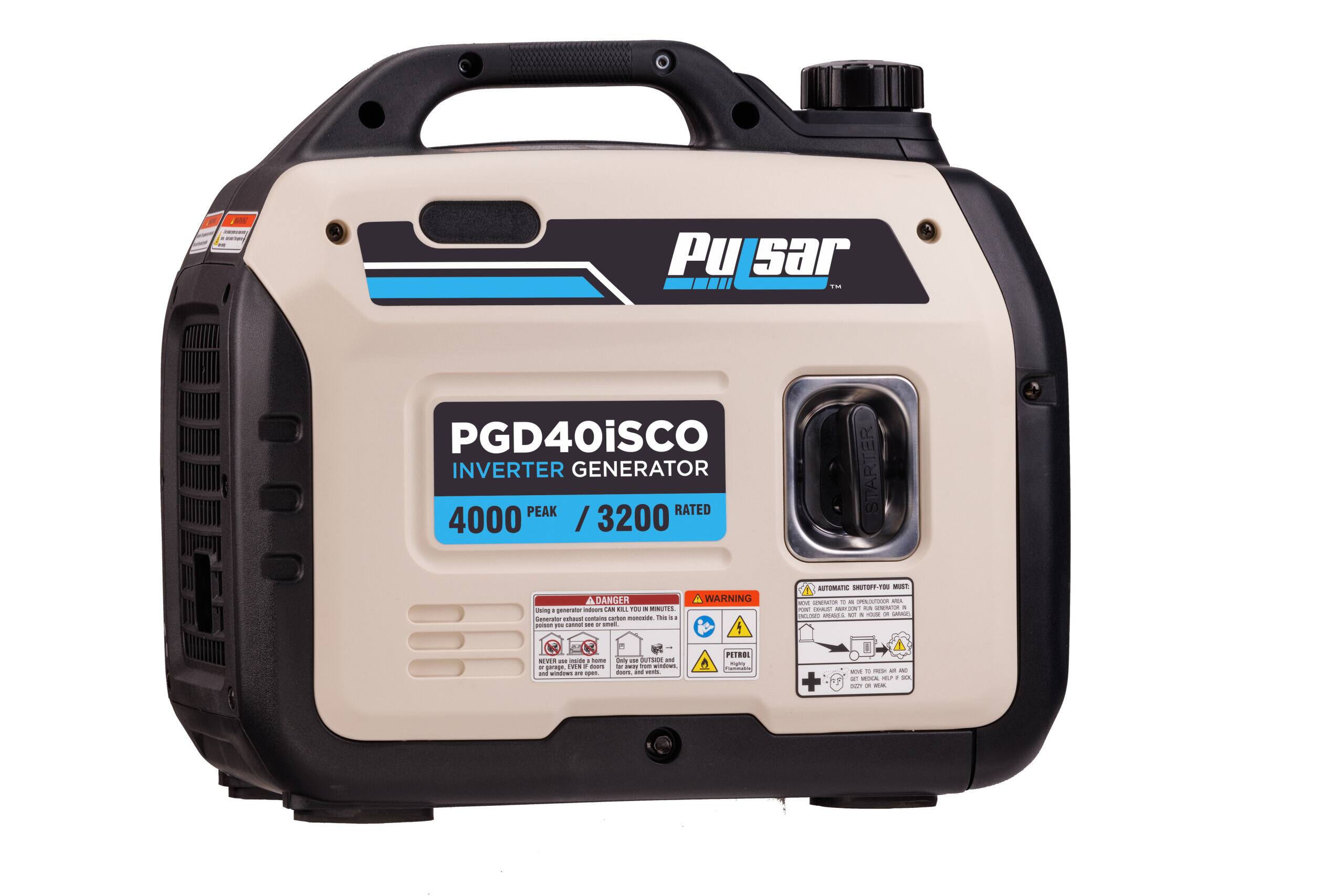 Pulsar PGD40iSCO INVERTER GENERATOR  
4000 PEAK / 3200 RATED  

DANGER - Using a generator indoors can kill you in minutes. Generator exhaust contains carbon monoxide, a colorless, odorless, tasteless, and deadly gas. Never use a generator indoors or in enclosed spaces. Keep windows open.  

WARNING - PETROL is highly flammable. Keep away from fire.  

AUTOMATIC SHUT-OFF - 700  
Do not operate the generator in a confined space.  

START  
HURRY  

PORT EXHAUST - DO NOT BLOCK  
Do not operate the generator in a confined space.  

HELP TO REDUCE RISK OF FIRE  
Keep the generator away from flammable materials.  

IN CASE OF EMERGENCY  
Call for medical help. Set off the alarm.