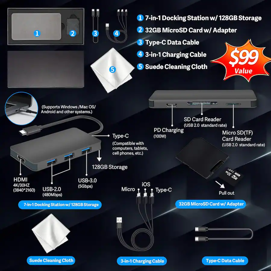 1. 7-in-1 Docking Station w/ 128GB Storage 2. 32GB MicroSD Card w ...