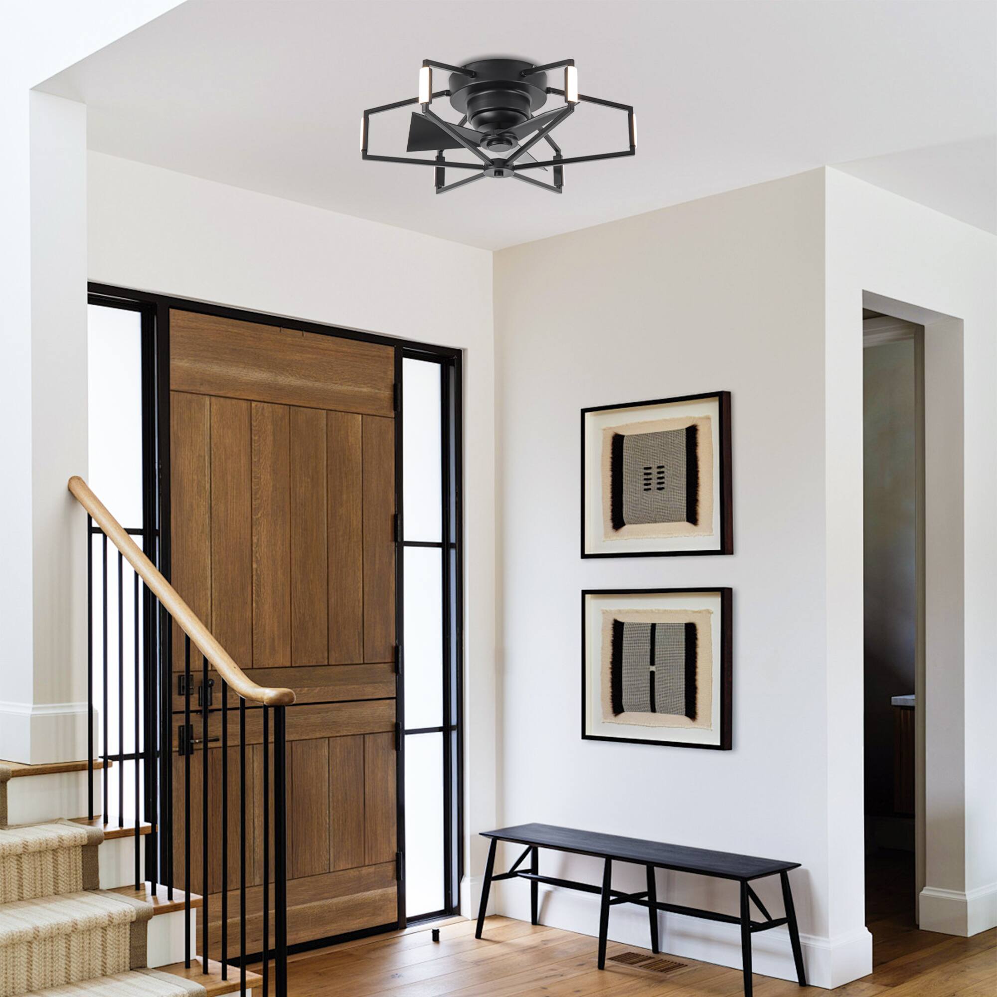 Left. Parrot Uncle - 21" Modern Black Unique Low Profile Caged Ceiling Fan with Light and Remote - Black.