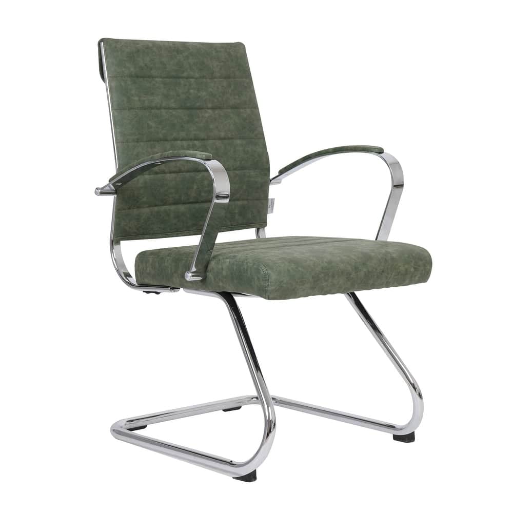 LeisureMod - Benmar Office Chair, Ribbed Leather Upholstery with Chrome Arms and Sled Base, Modern Desk Seating for Home or Office - Green