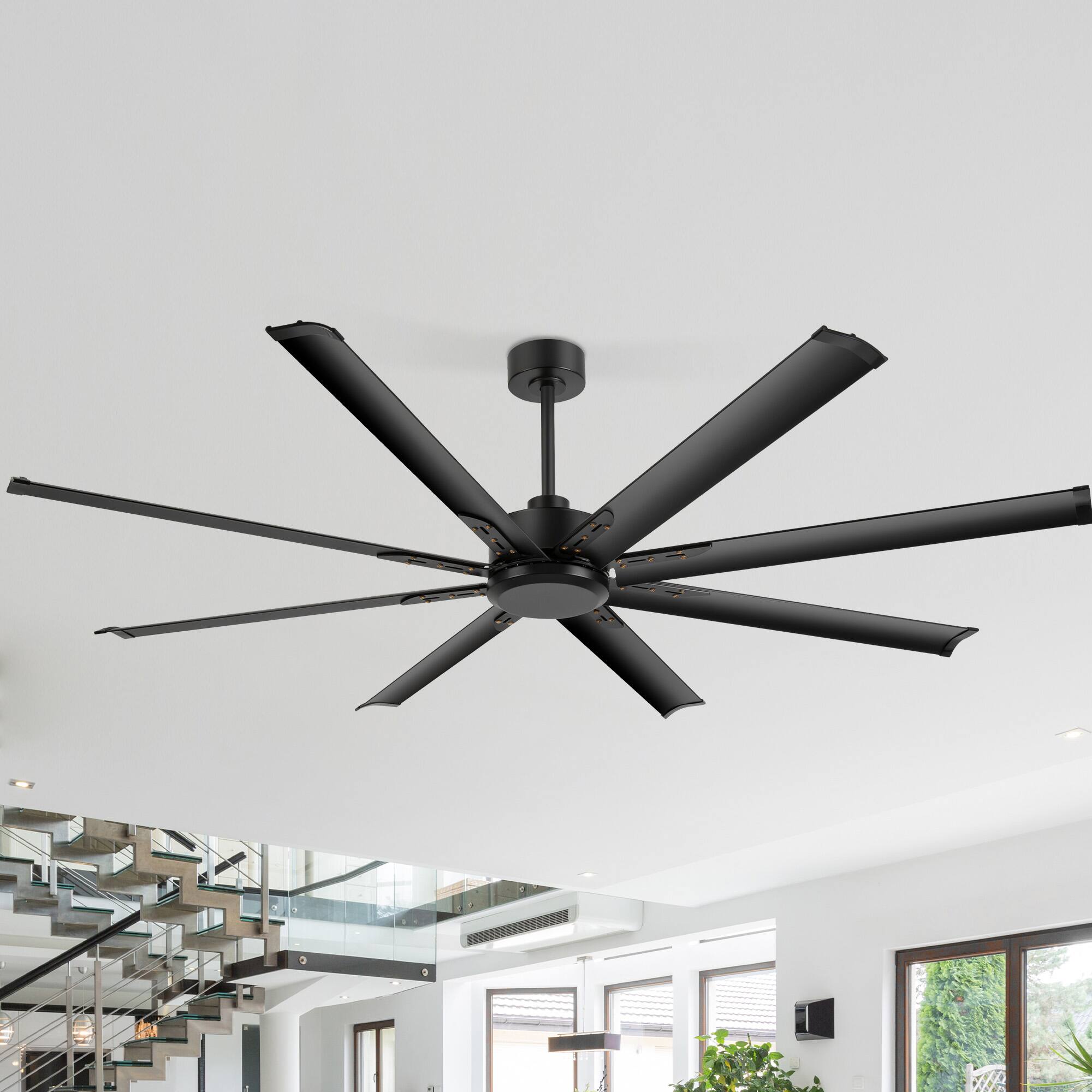 Front. Breezary - 72-In Large Ceiling Fan with 8 Aluminum Blades, DC Motor, 6-Speed Remote with Timer, 2 Downrods, Light/No Light Option - Black (Without Light).