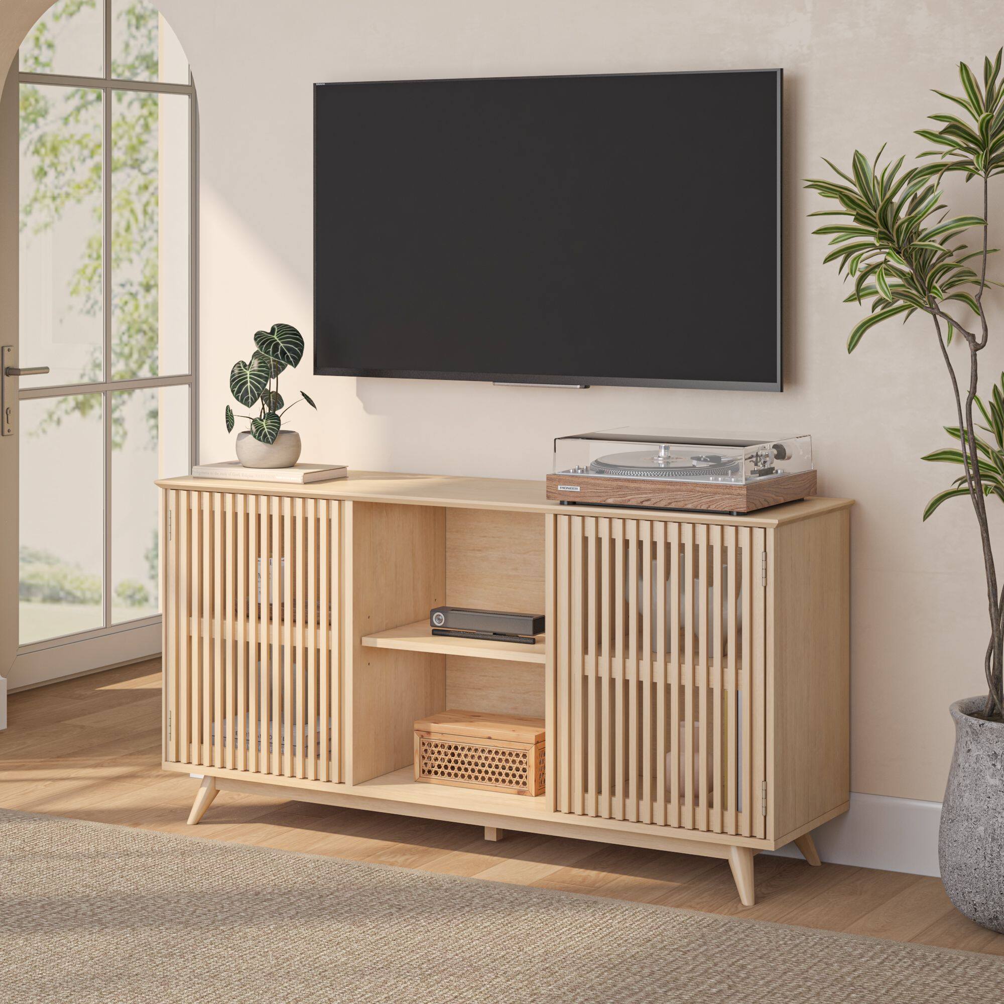 Alt View 9. Plank+Beam - Mid-Century Modern Sideboard/TV Stand|| 2 Door w/ Middle Shelf  (1495 x 406 x 762mm / 59 x 16 x 30in)|| Blonde - Blonde.