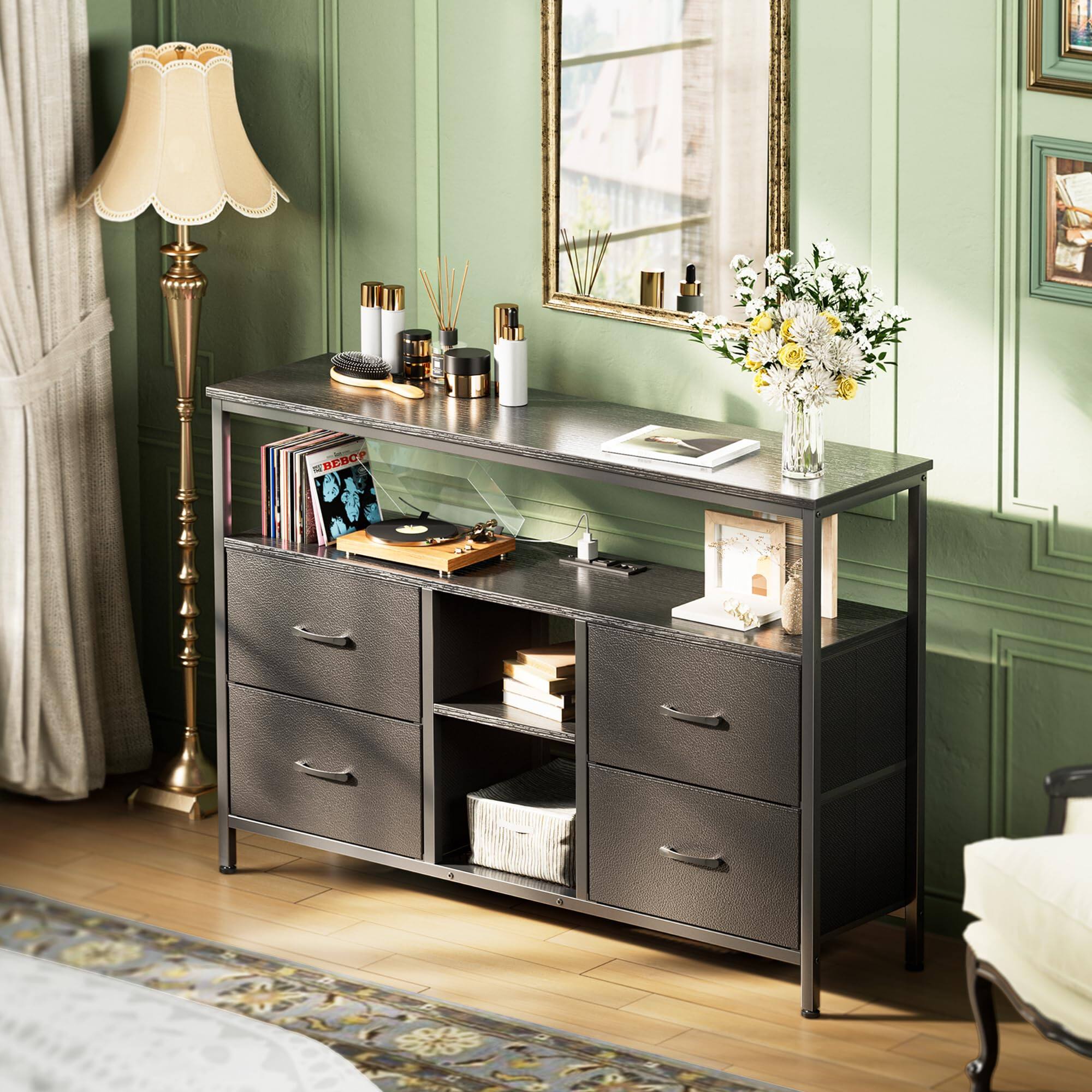 Alt View 1. Hirose Alice - Tv Stand Dresser With Power Outlets And Led Lights 4 Drawers Entertainment Center Open Shelf Media Console For... - Rustic Brown-43.3 Inches.