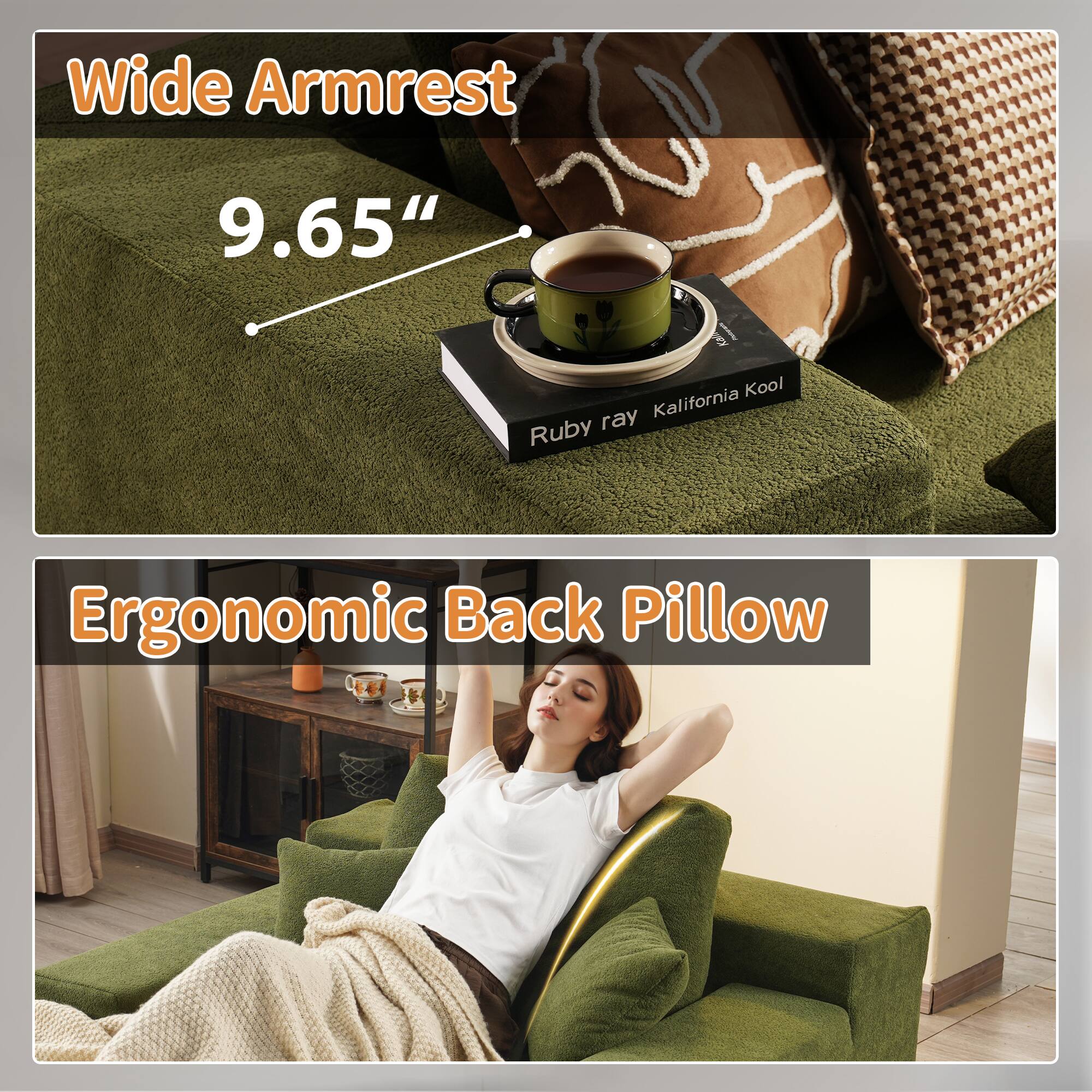 Wide Armrest  
9.65"  

Ruby ray Kallifornia Kool  

Ergonomic Back Pillow