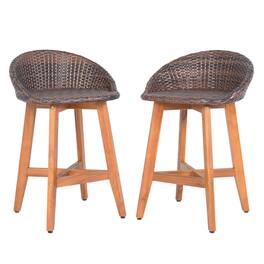 Costway - Outdoor Faux Rattan Bar Chairs Set of 2 Solid Acacia Wood Bar Stools for Porch - Natural + Brown