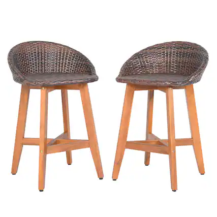 Front. Costway - Costway Outdoor Faux Rattan Bar Chairs Set of 2 Solid Acacia Wood Bar Stools for Porch - Natural + Brown.