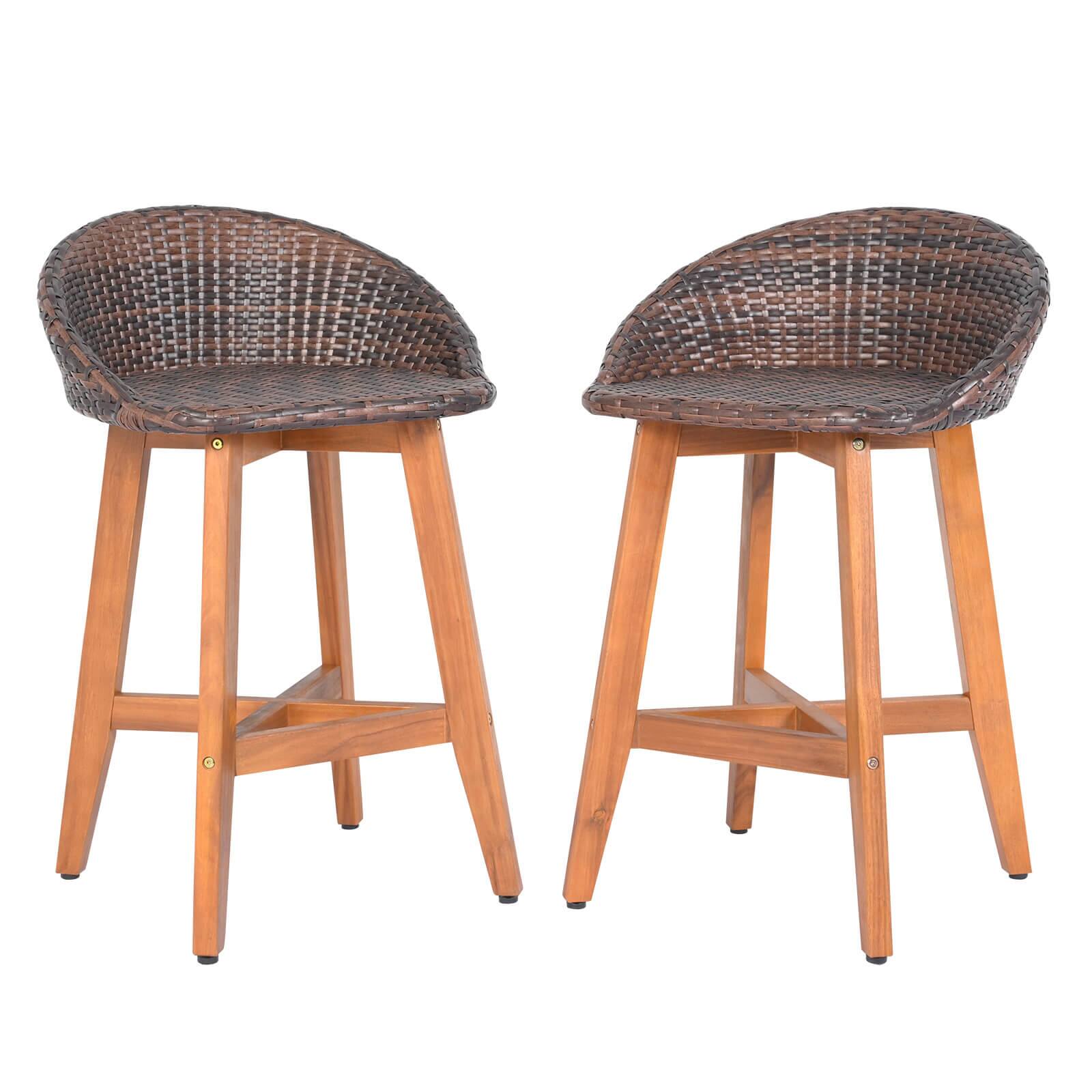 Front. Costway - Costway Outdoor Faux Rattan Bar Chairs Set of 2 Solid Acacia Wood Bar Stools for Porch - Natural + Brown.
