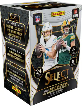 SNPt PANINI NFLPA SELECT B08A NFL FIND 3 JOBDAN LOVE BLASTER RED & BLUE EXCLUSIVE JUSTIN HERBERT SHOCK PRIZM PER BOX, DIE-CUTS! ON AVERAGE LOOK FOR THE 4 ULTRA-RARE CARDS PACK PER PRIZM ZEBRA SHOCK DIE-CUT! 6 PACKS BOX PER AUTOGRAPHS LOOK FOR 24 CARDS & CARDS SELECT TOTAL GAME'S FROM MEMORABILIA 2024 HOTTEST SOME OF THE STARS! EXCLUSIVE BLASTER DIE-CUTS! PANINI 3 SHOCK FIND BLUE PRIZM ON AVERAGE RED & BLUE PRIZM PER BOX,