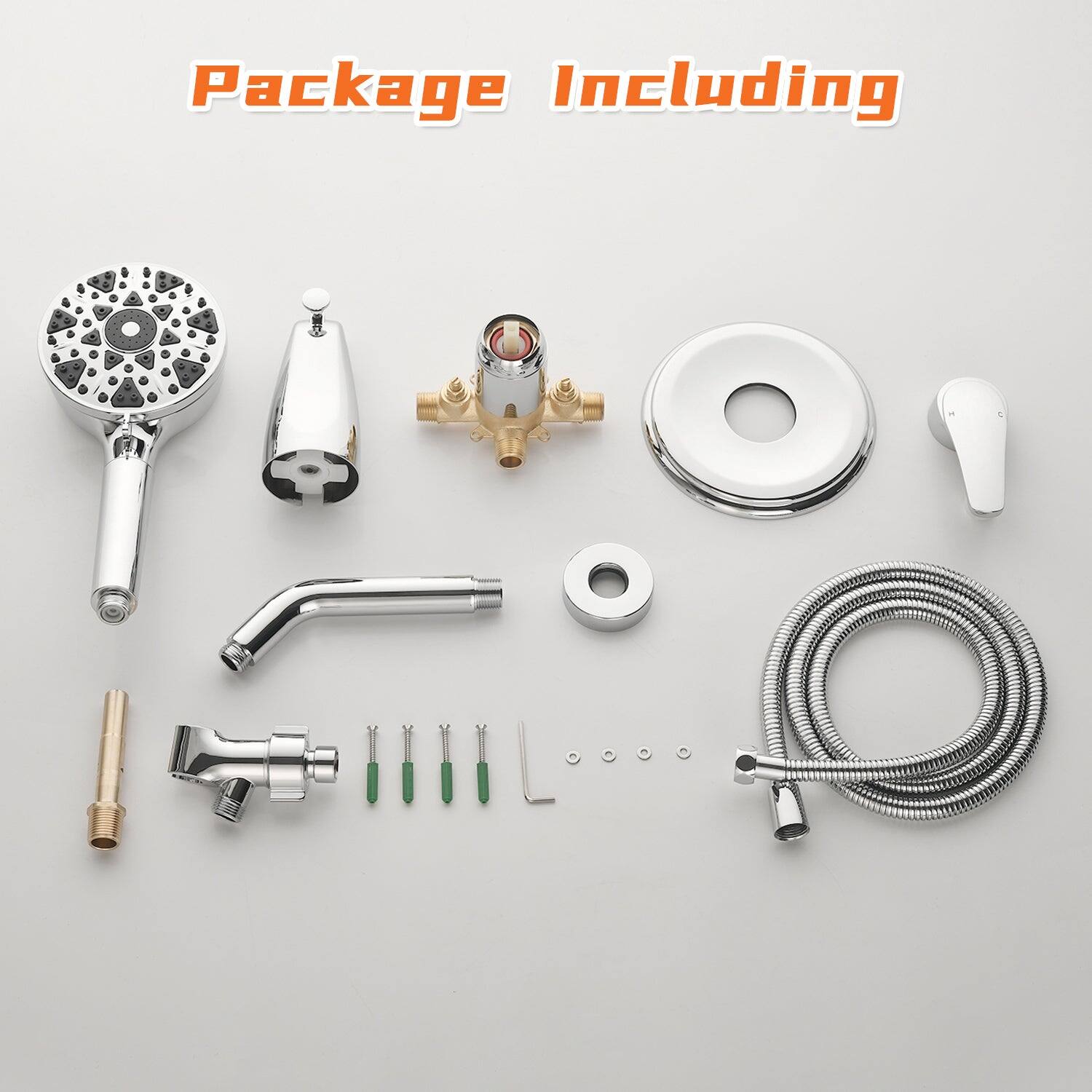 Package Including

- Showerhead
- Hand shower
- Faucet
- Shower valve
- Drain cover
- Shower hose
- Mounting hardware (screws and washers)
- Additional fittings and connectors