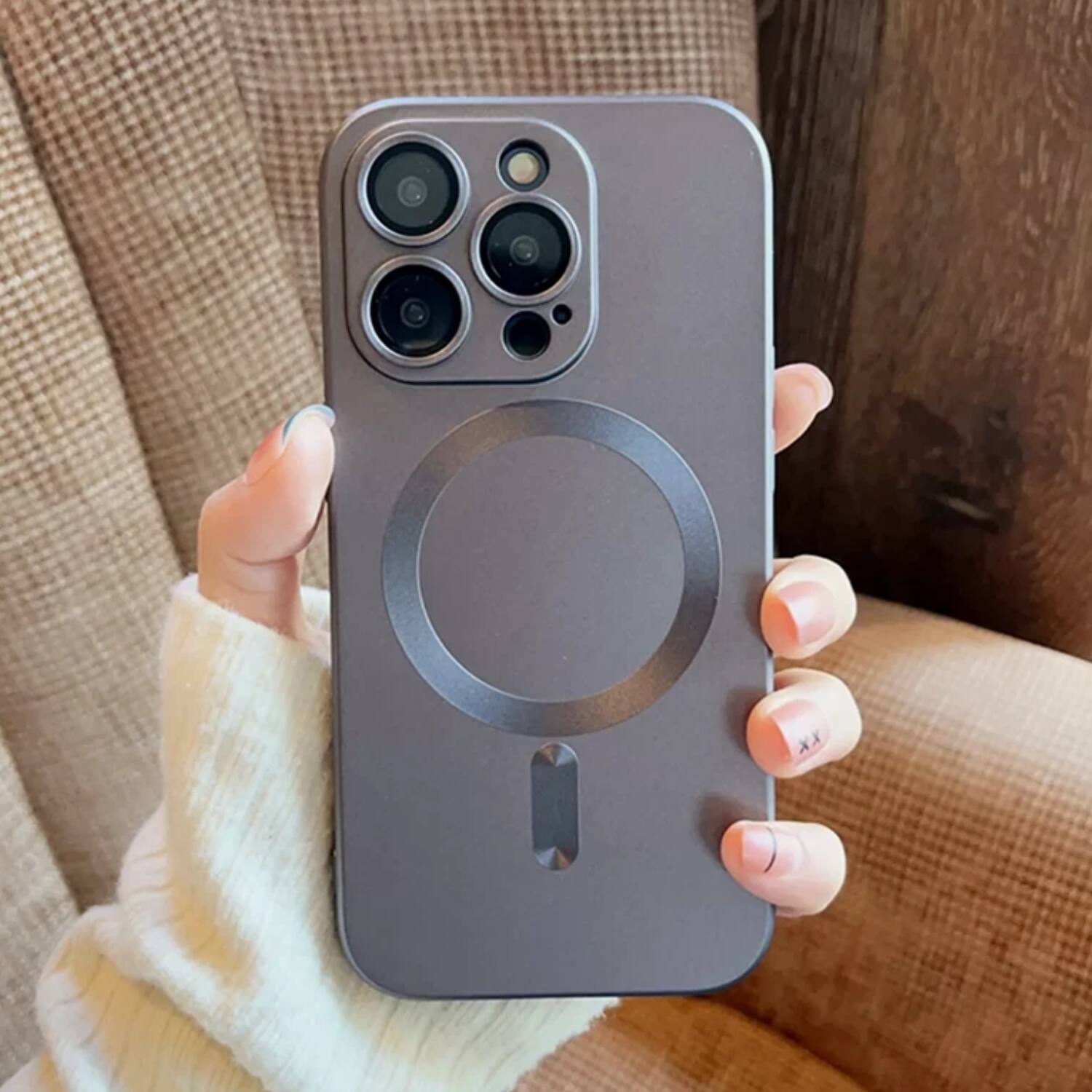 Left. Stock Preferred - Soft Shockproof MagSafe Case  with Camera Lens Protector for iPhone 16 Pro Max Grey - Grey.