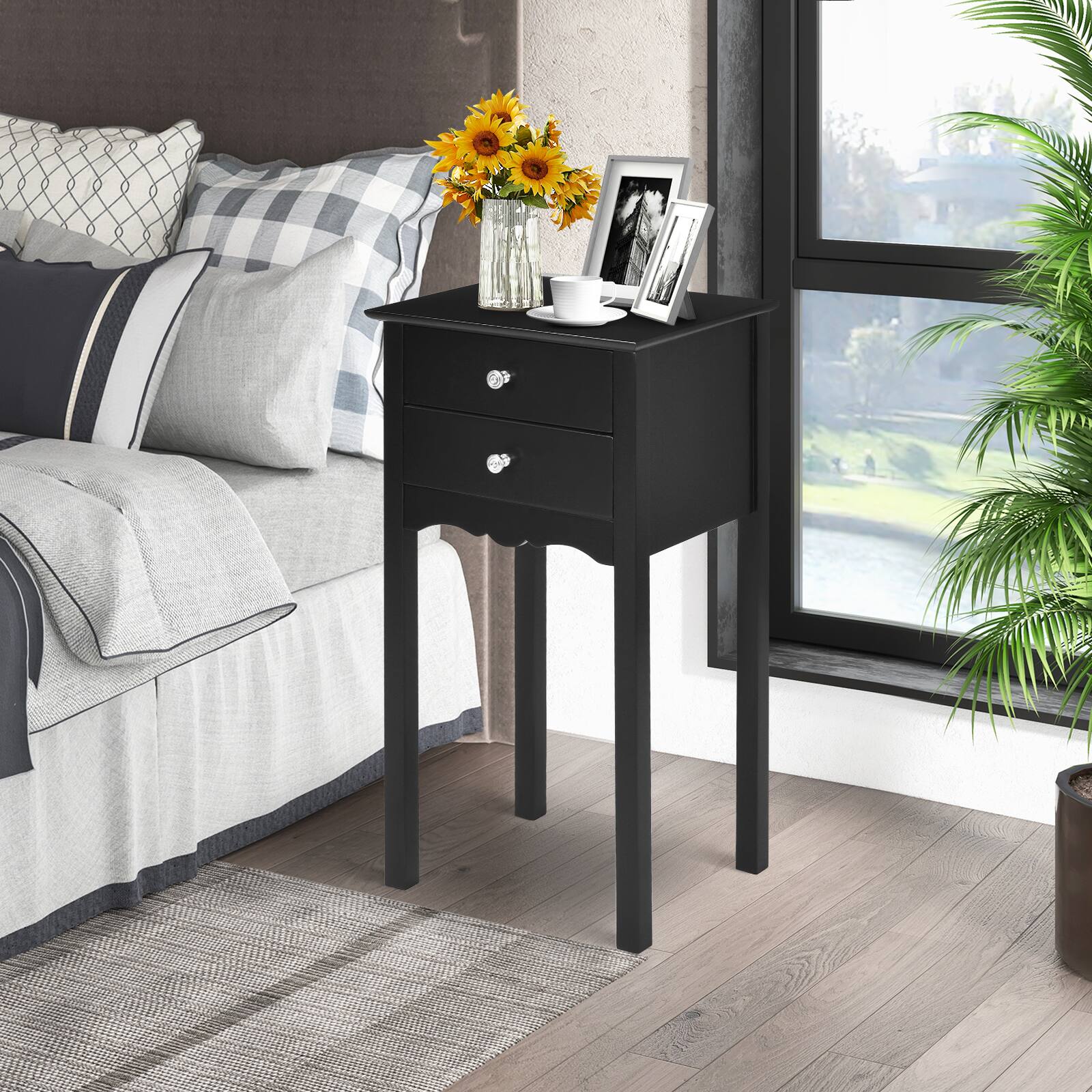 Alt View 1. Ecooso - Practical Sturdy Vintage Side End Table with 2 Storage Drawers - Black.