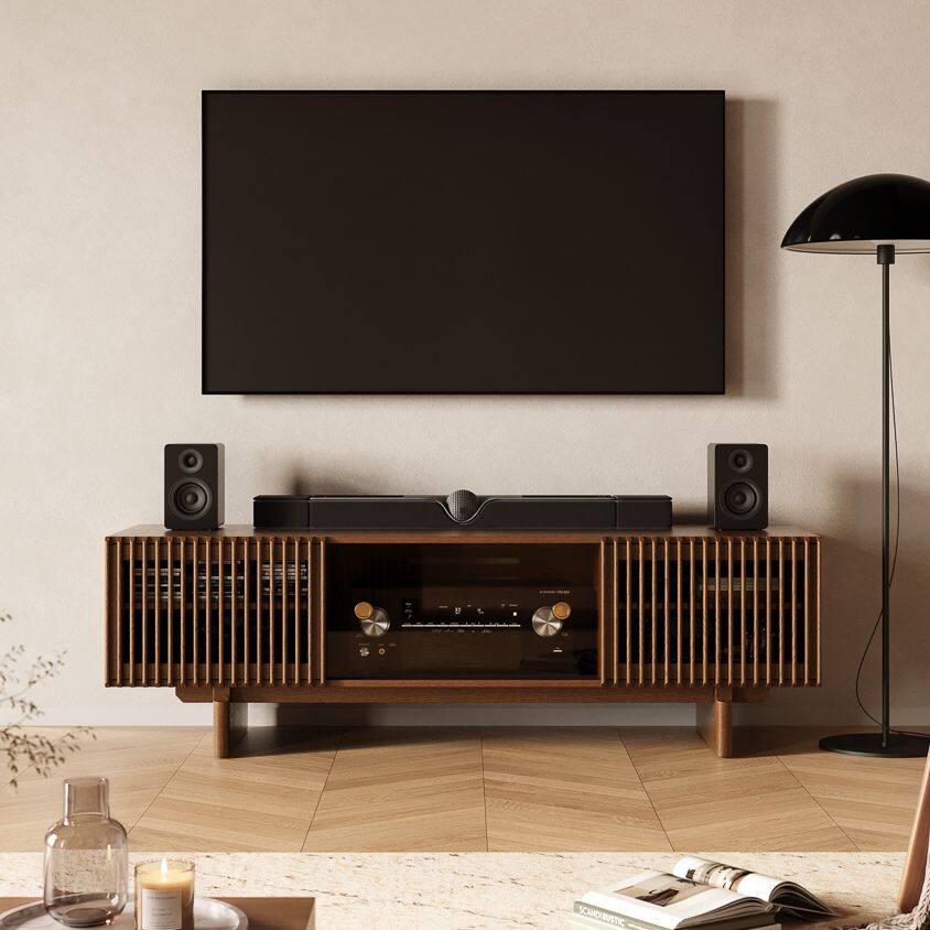 Angle. POVISON - 71" Mid-Century Modern TV Stand with storage - Walnut Color.