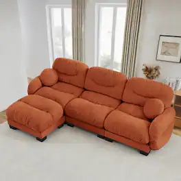 Anysun - 3 Seater L Shape Sectional Couch with Ottoman, Chenille Fabric, High-Density Foam & Curved Armrests for Living Room - Orange