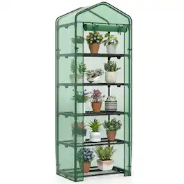 Costway - 69" x 48" x 75" Mini Greenhouse with 5 Tier Shelves, PE Cover, Roll-Up Zipper Door - Green
