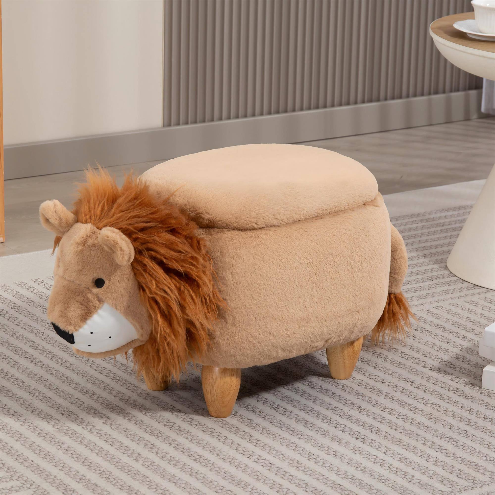 Front. Boyel Living - Luke the Lion Storage Ottoman in Brown Soft Faux Fur Hidden Storage Footstool - Brown.