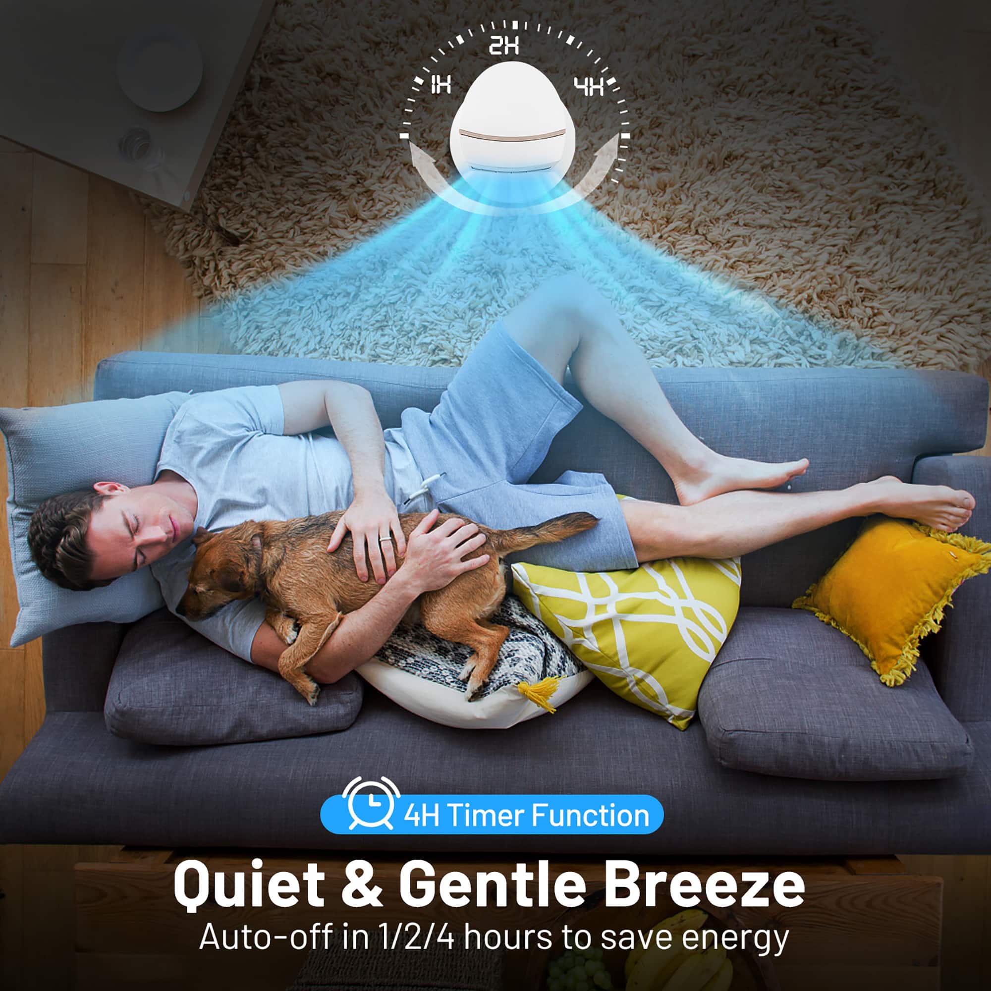 IH 2H 4L 4H Timer Function Quiet & Gentle Breeze Auto-off in 1/2/4 hours to save energy