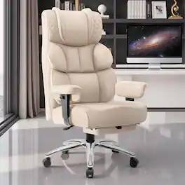 KERDOM - Large PU Leather Office Desk Chair Gaming Chair with Footrest, Wide Seat Ergonomic Comfy Executive High Back Reclining - White