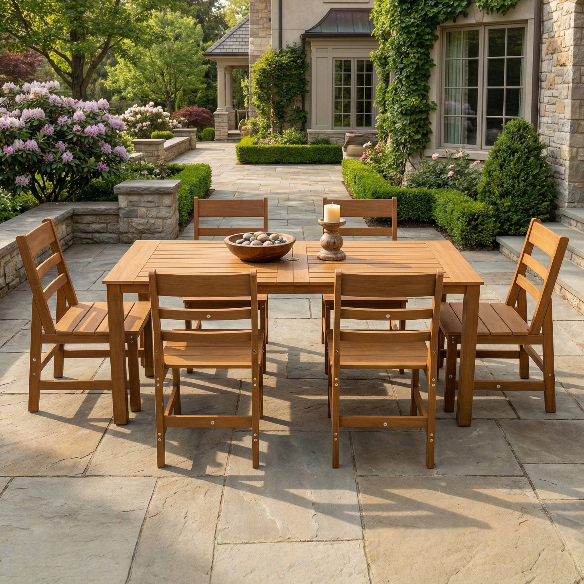 Left. Famapy - Pairs of Teak-Style Outdoor Patio Dining Chair HDPS Aluminum Frame, Weatherproof & Low-Maintenance for Garden Poolside - Wooden.